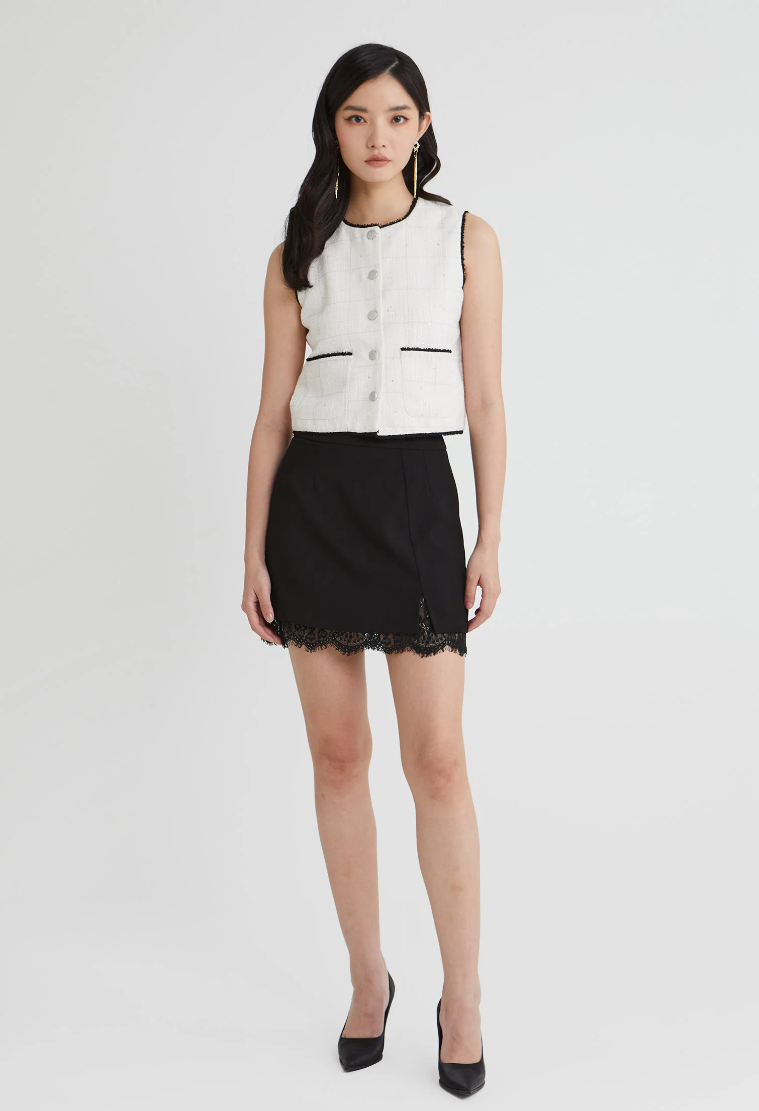 Tweed Charm Buttoned Sleeveless Top