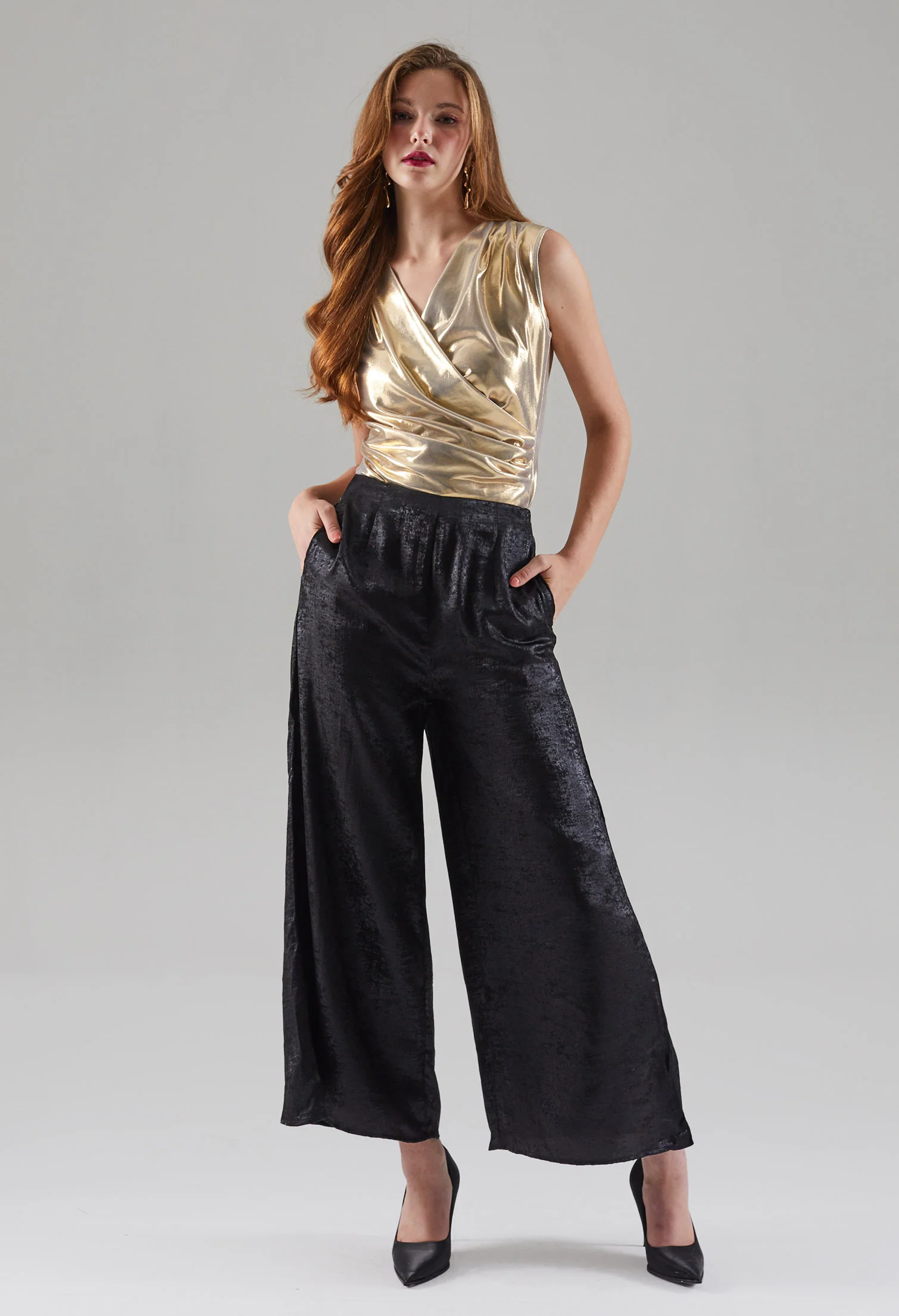 Velvet Glow Textured Wide Leg Trousers
