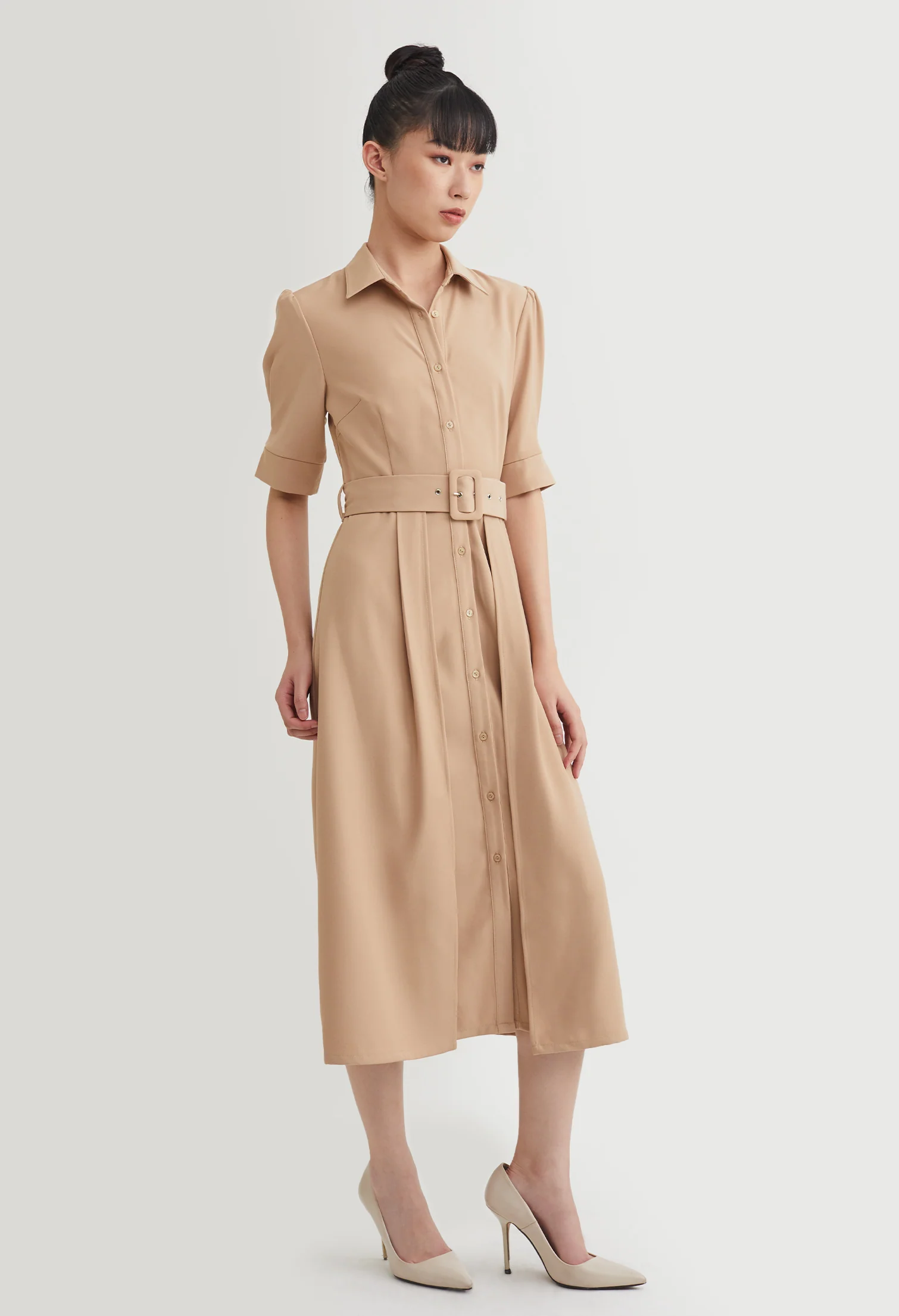 Puff Half Sleeve Belted Dress