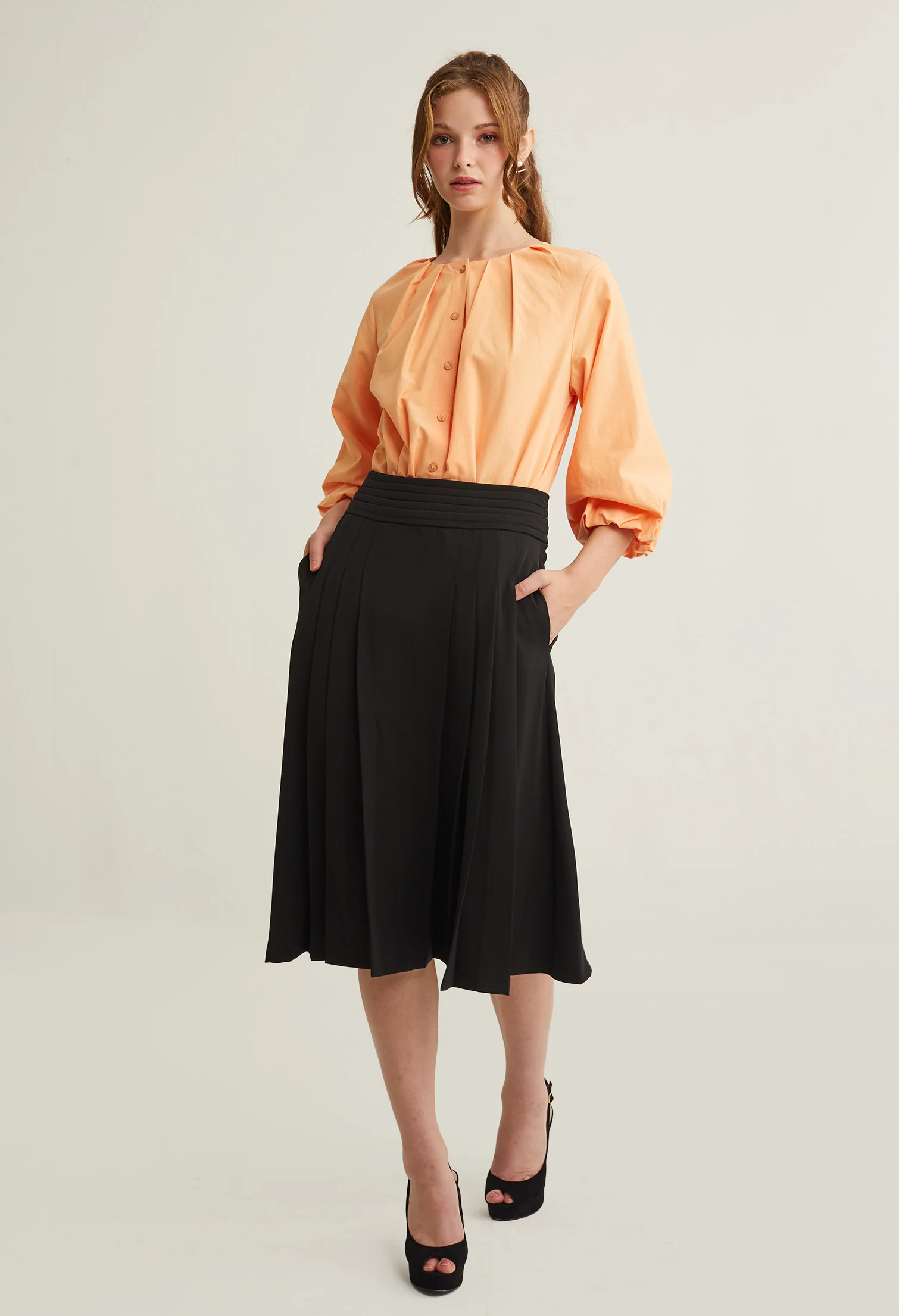Classic Pleated A-Line Midi Skirt