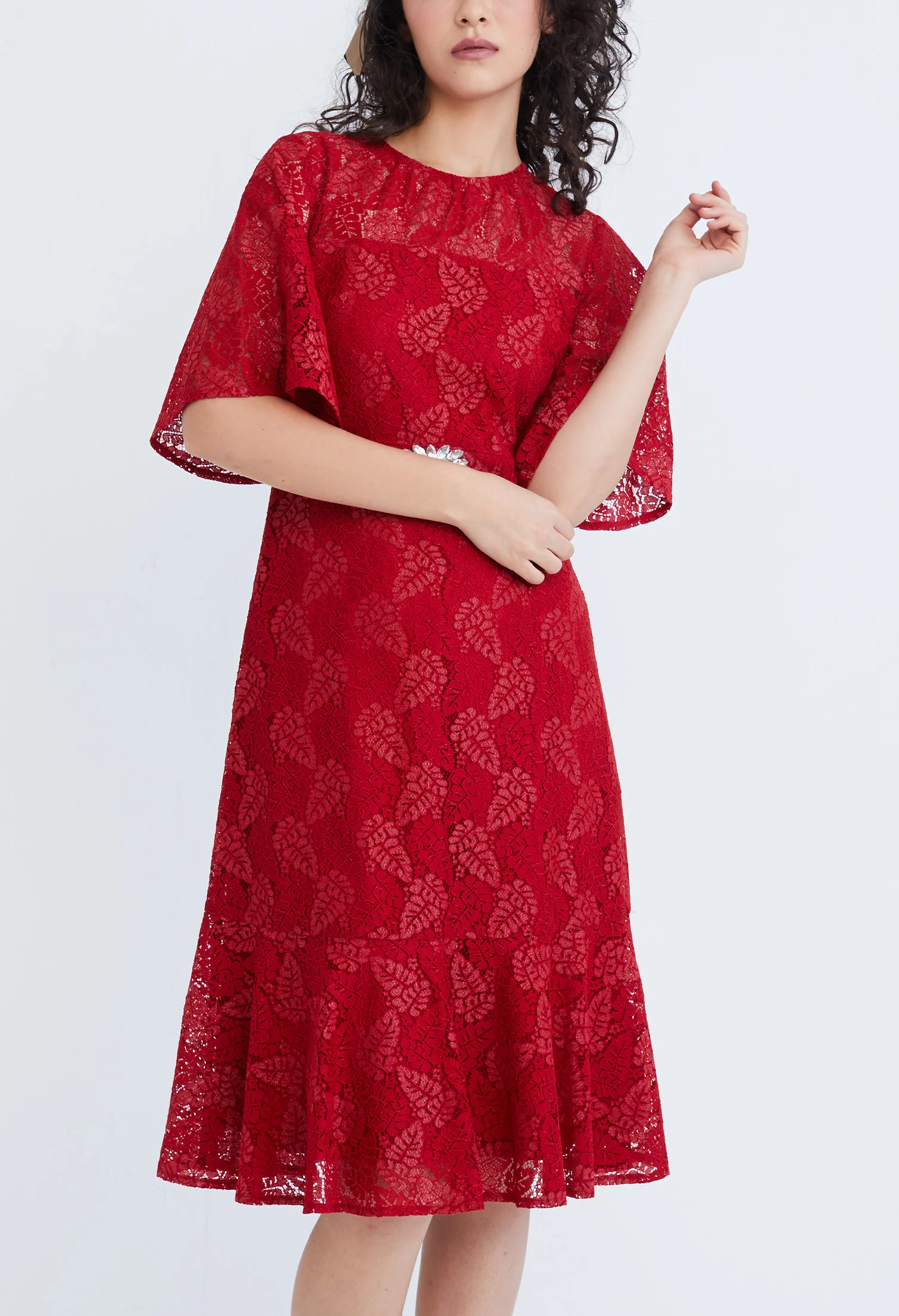 Lace Pearl Belted Cocktail Dress