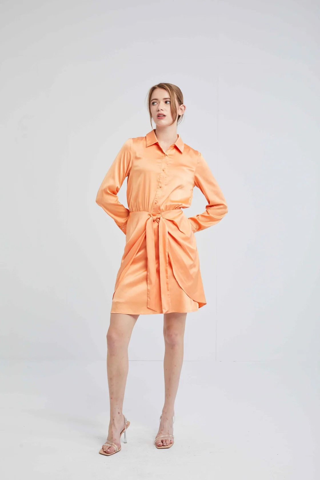 Satin finish Tie-front Shirt Dress