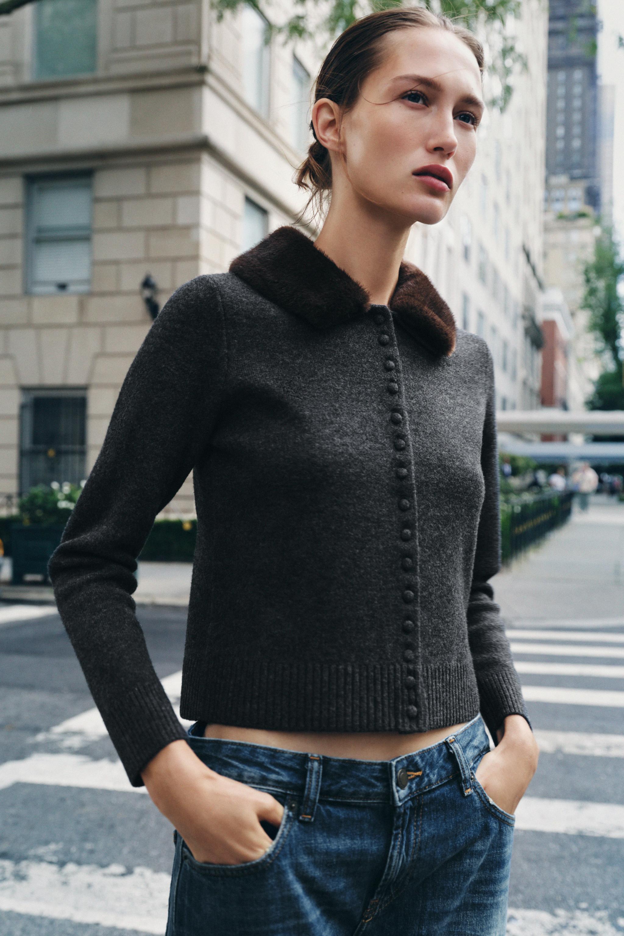 FAUX FUR LAPEL KNIT CARDIGAN