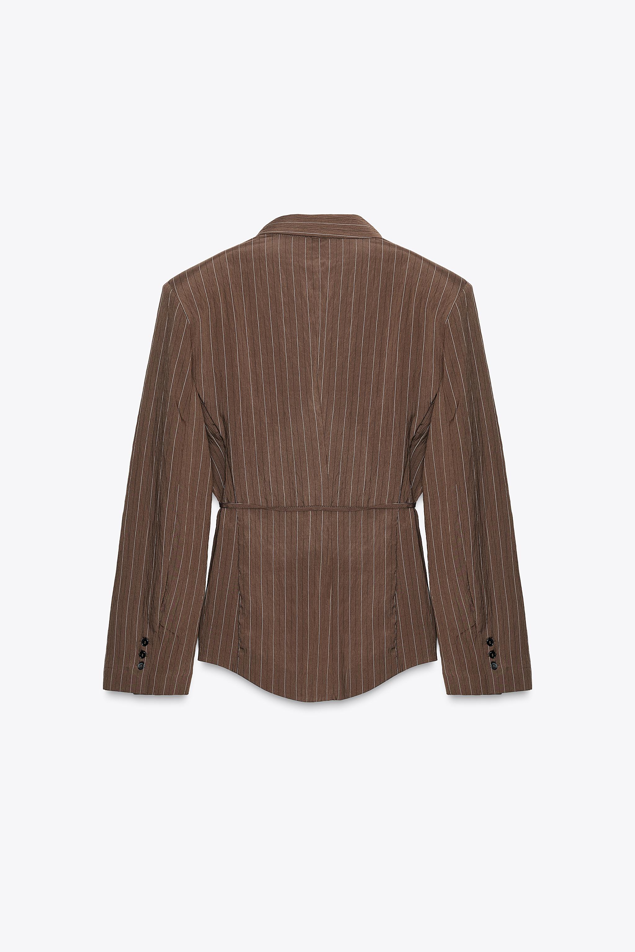 STRIPED SHOULDER PAD BLAZER WITH THIN BELT