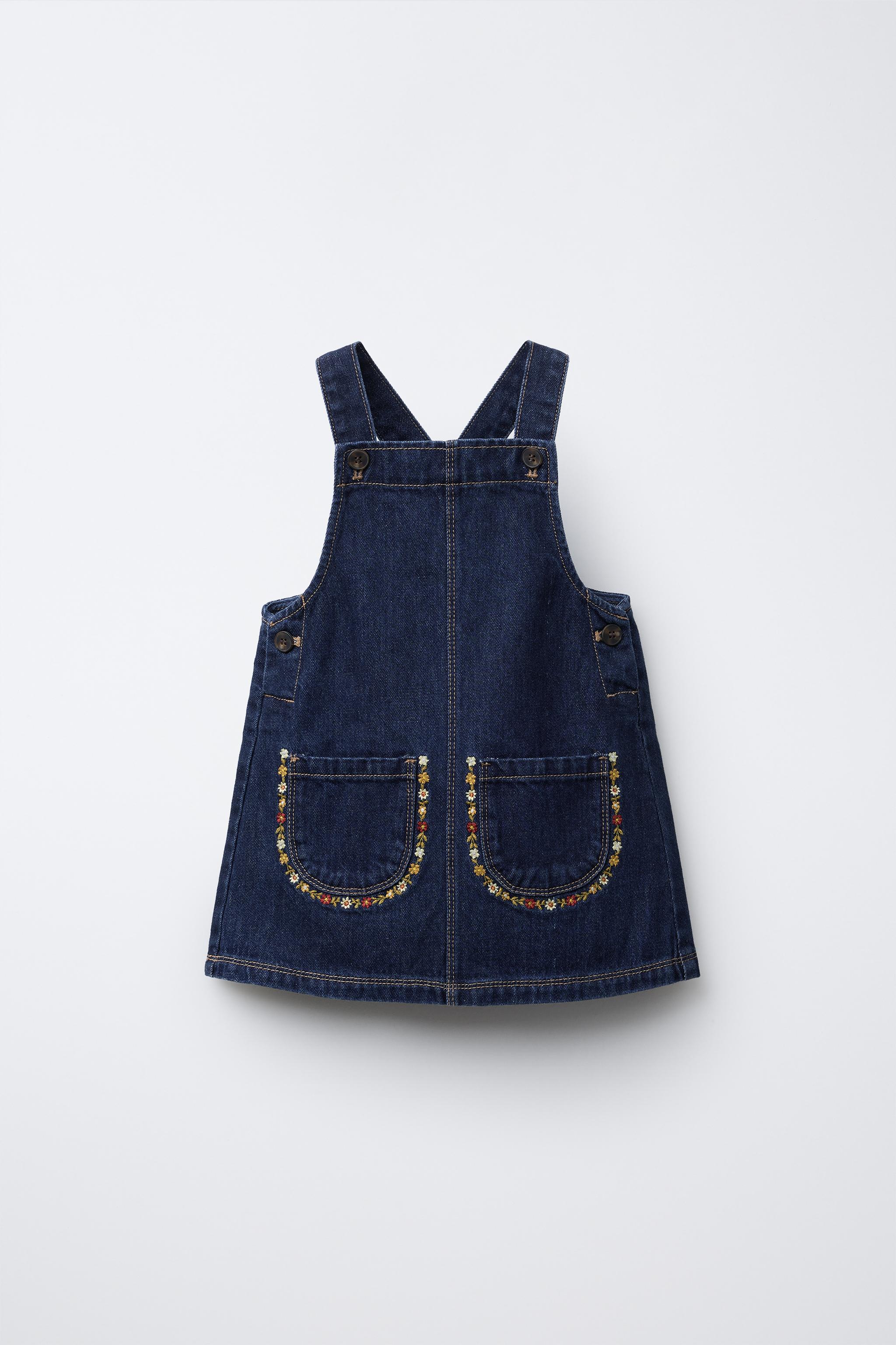 EMBROIDERED FLOWER DENIM OVERALL DRESS