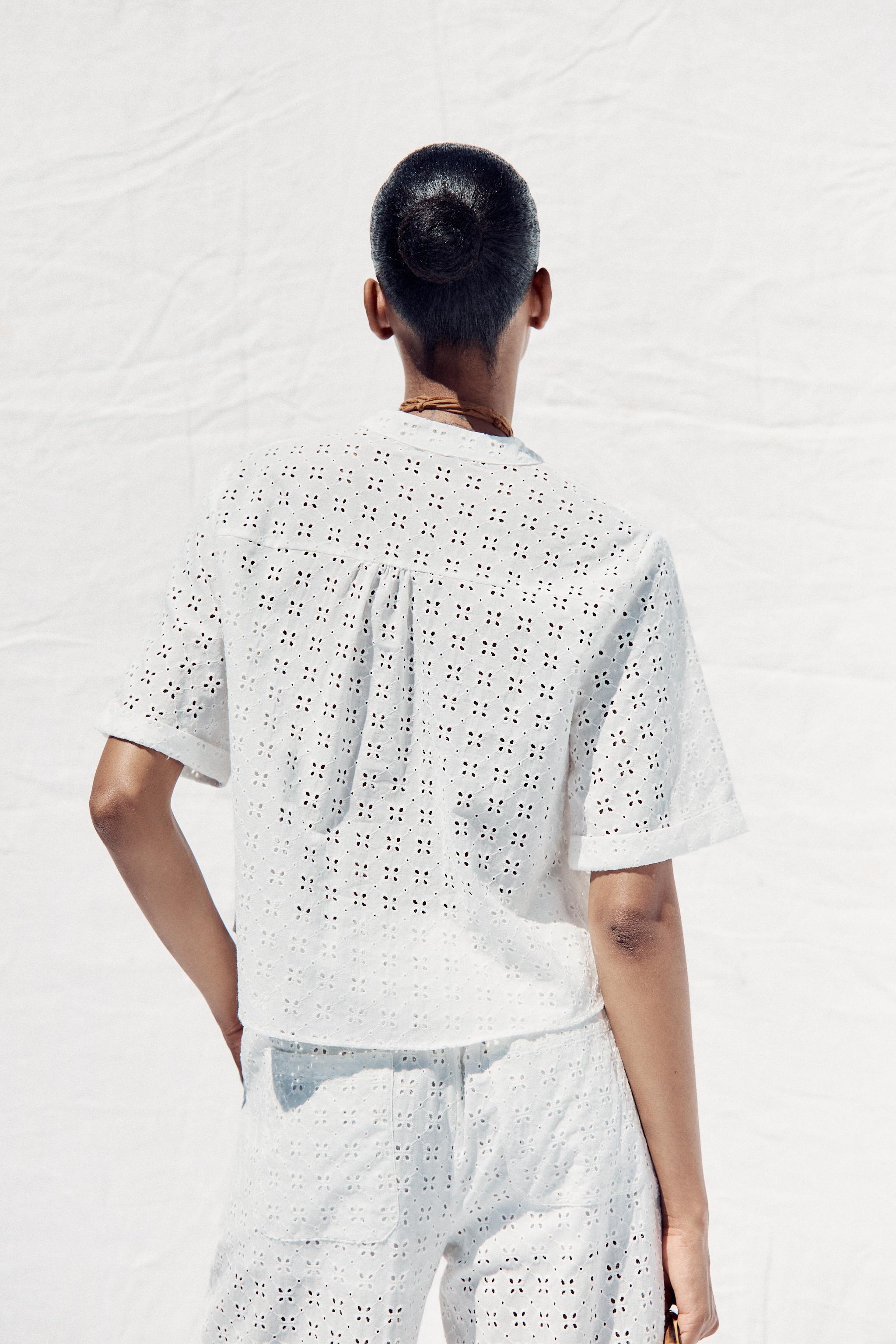 SHORT SLEEVE EYELET EMBROIDERED SHIRT
