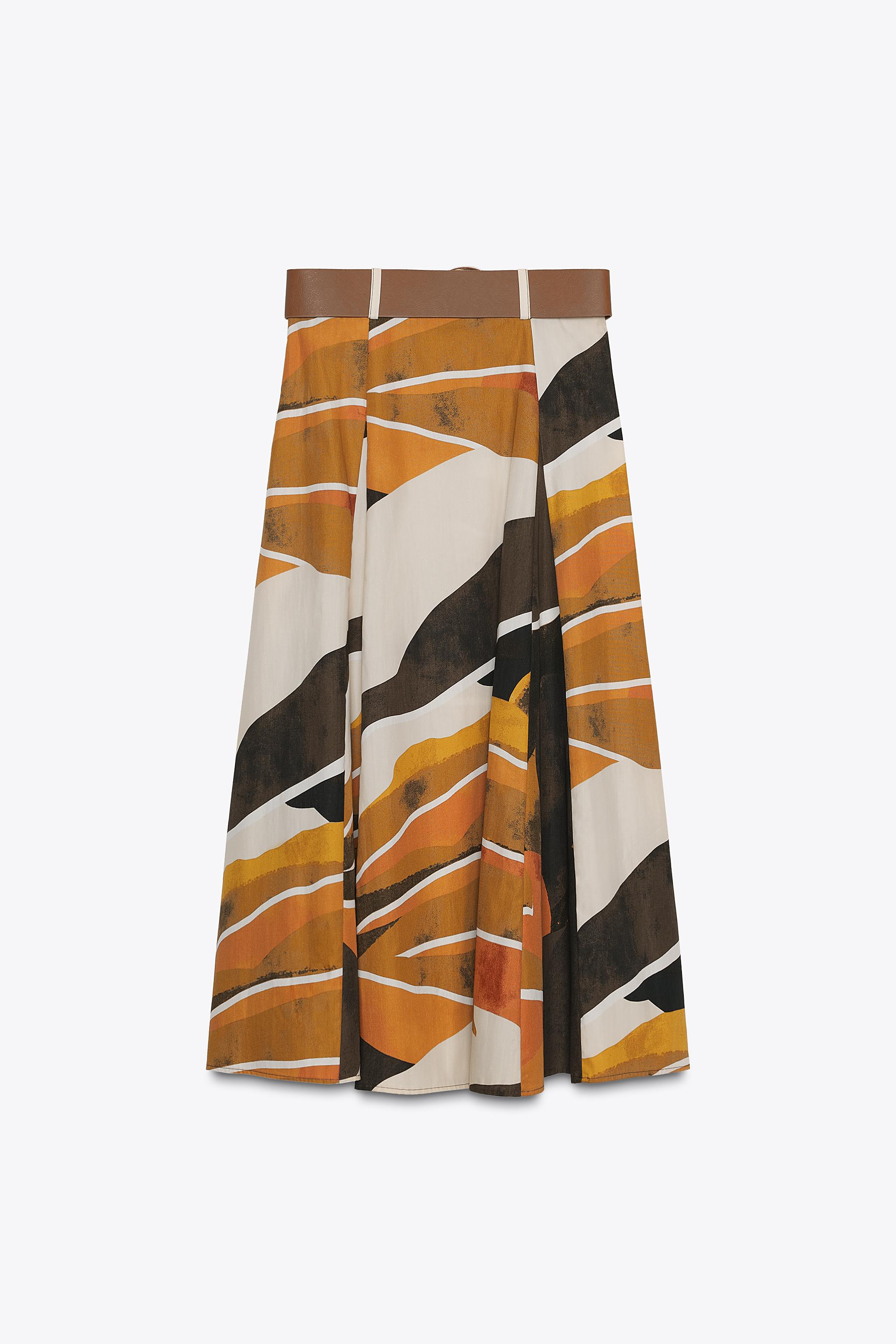 PRINTED POPLIN BELTED SKIRT