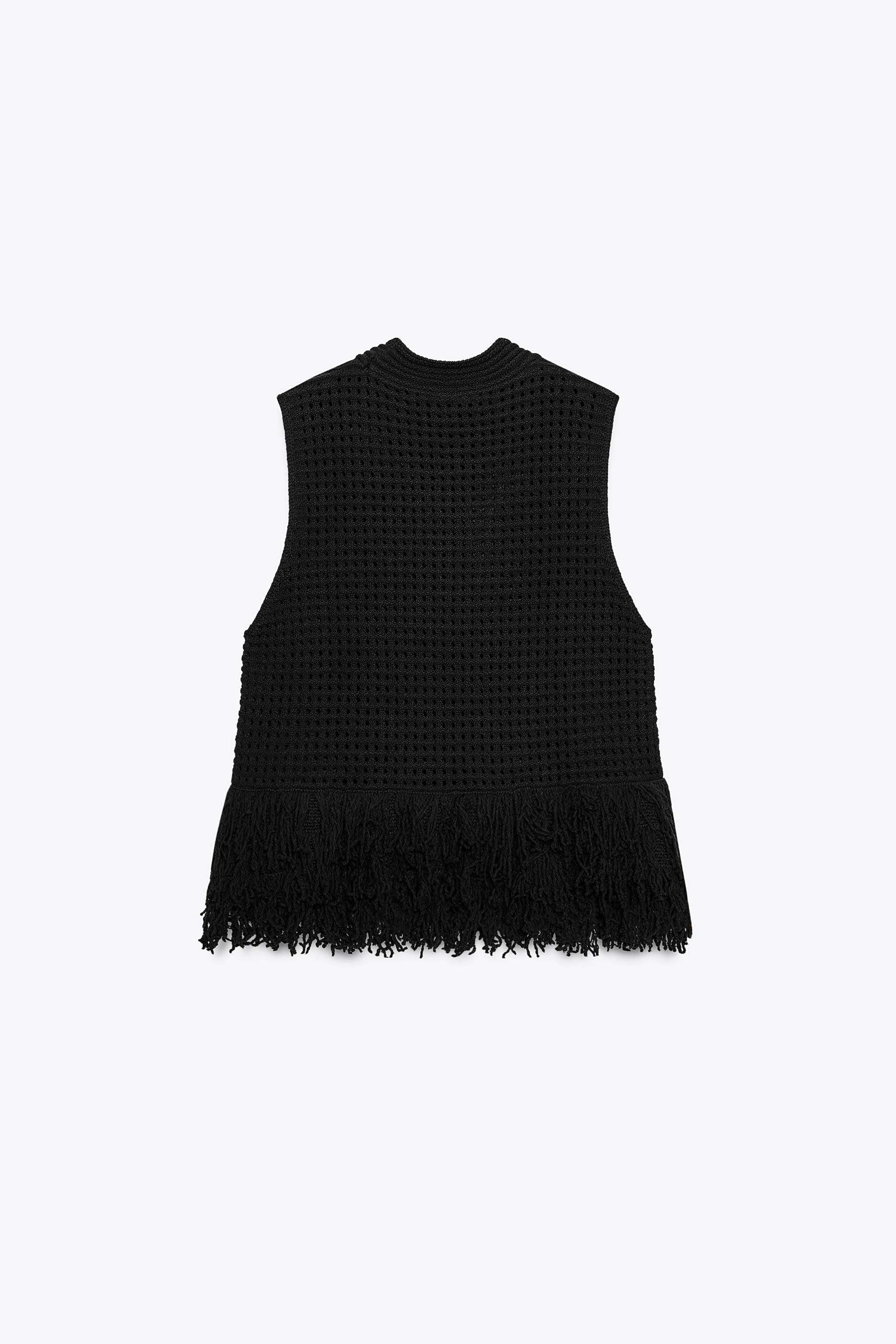 FRINGED CHECK KNIT TOP