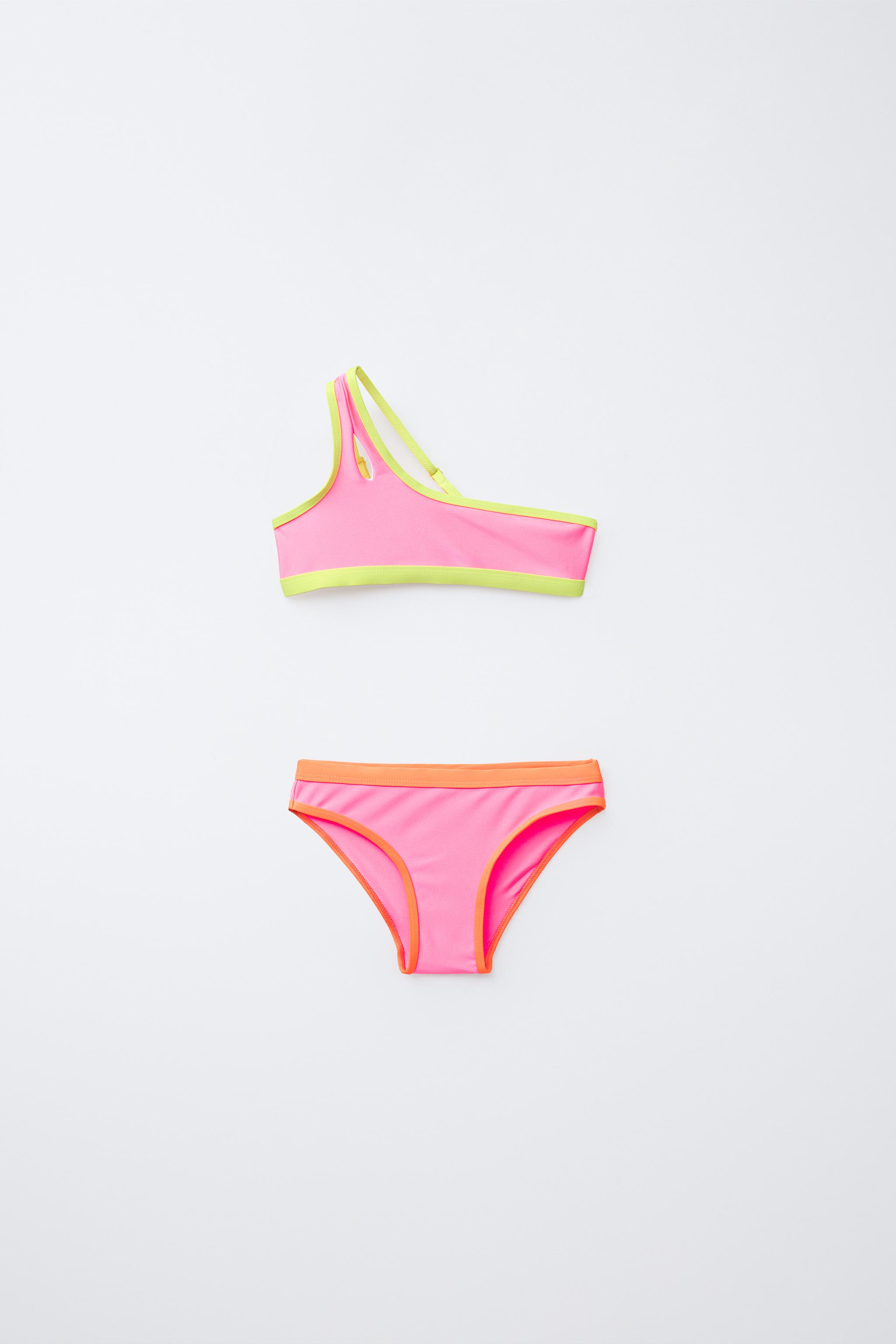6-14 YEARS/ ASYMMETRICAL SHINY BIKINI WITH PIPING