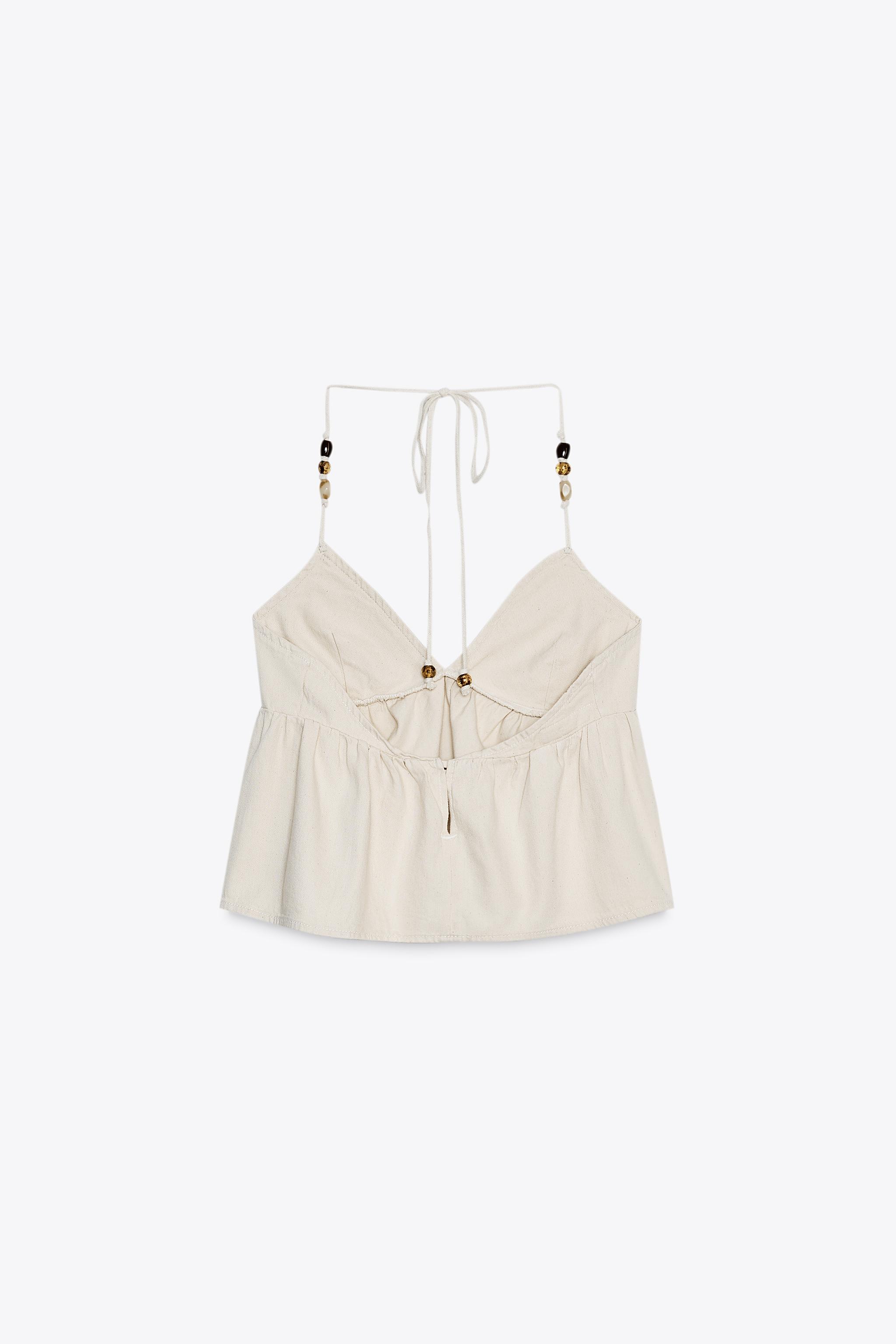 BEADED DENIM HALTER TOP