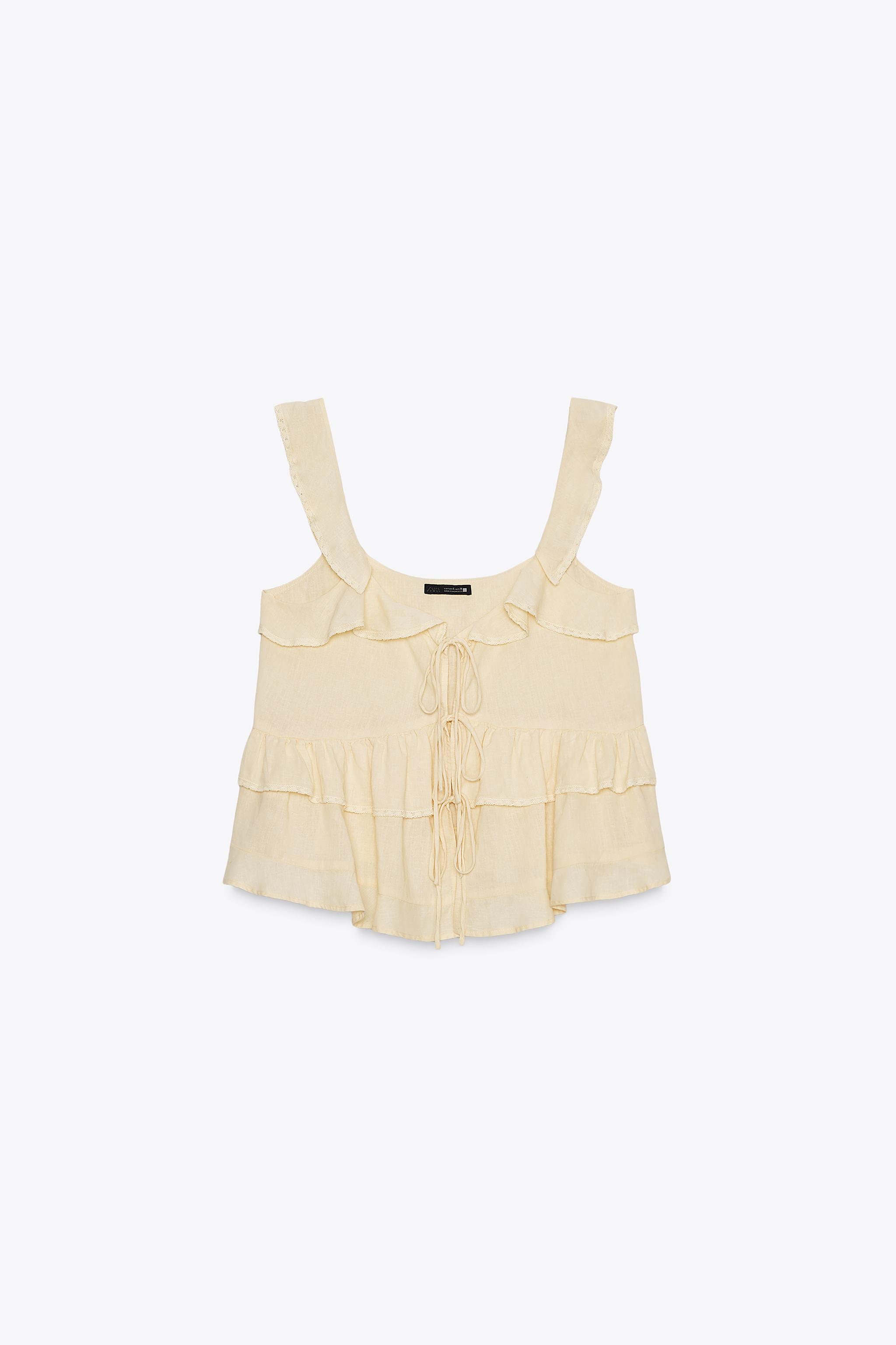 LINEN LACE TRIM RUFFLED TOP