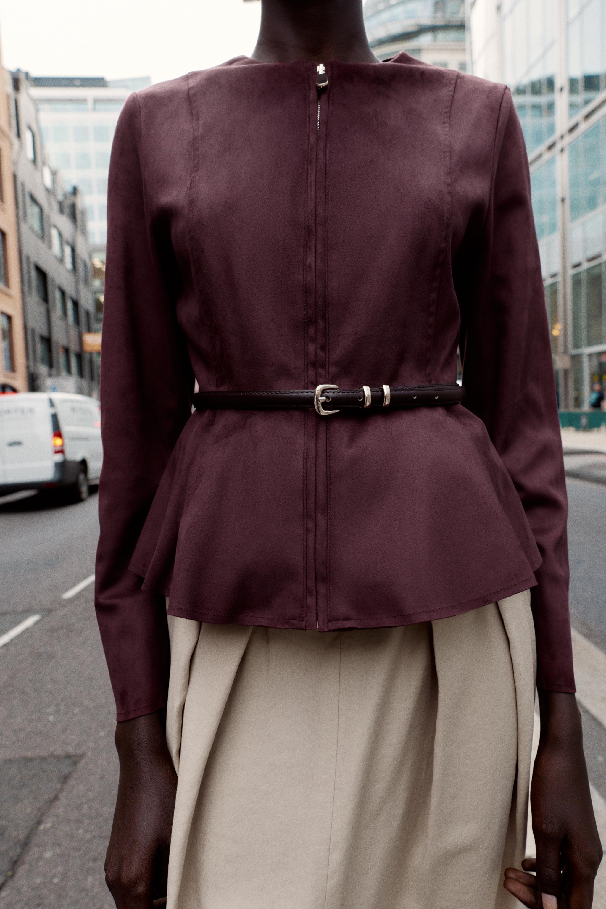 FAUX SUEDE BELTED PEPLUM JACKET