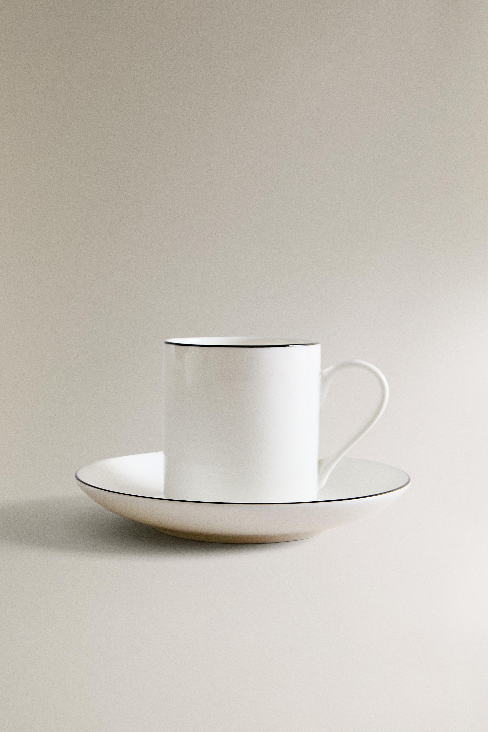 BONE CHINA COFFEE CUP AND SAUCER WITH BLACK RIM
