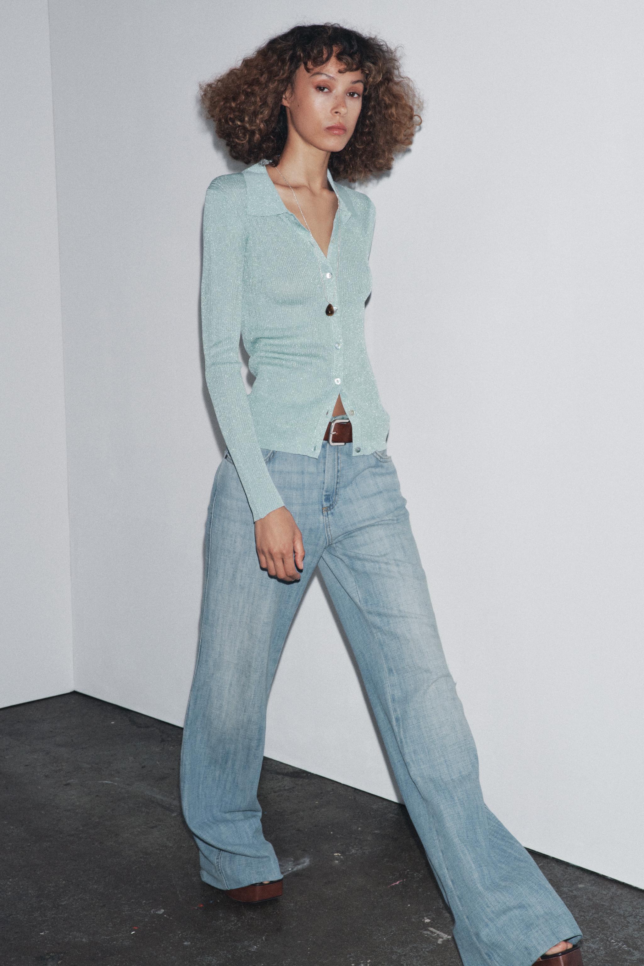 METALLIC THREAD KNIT POLO TOP