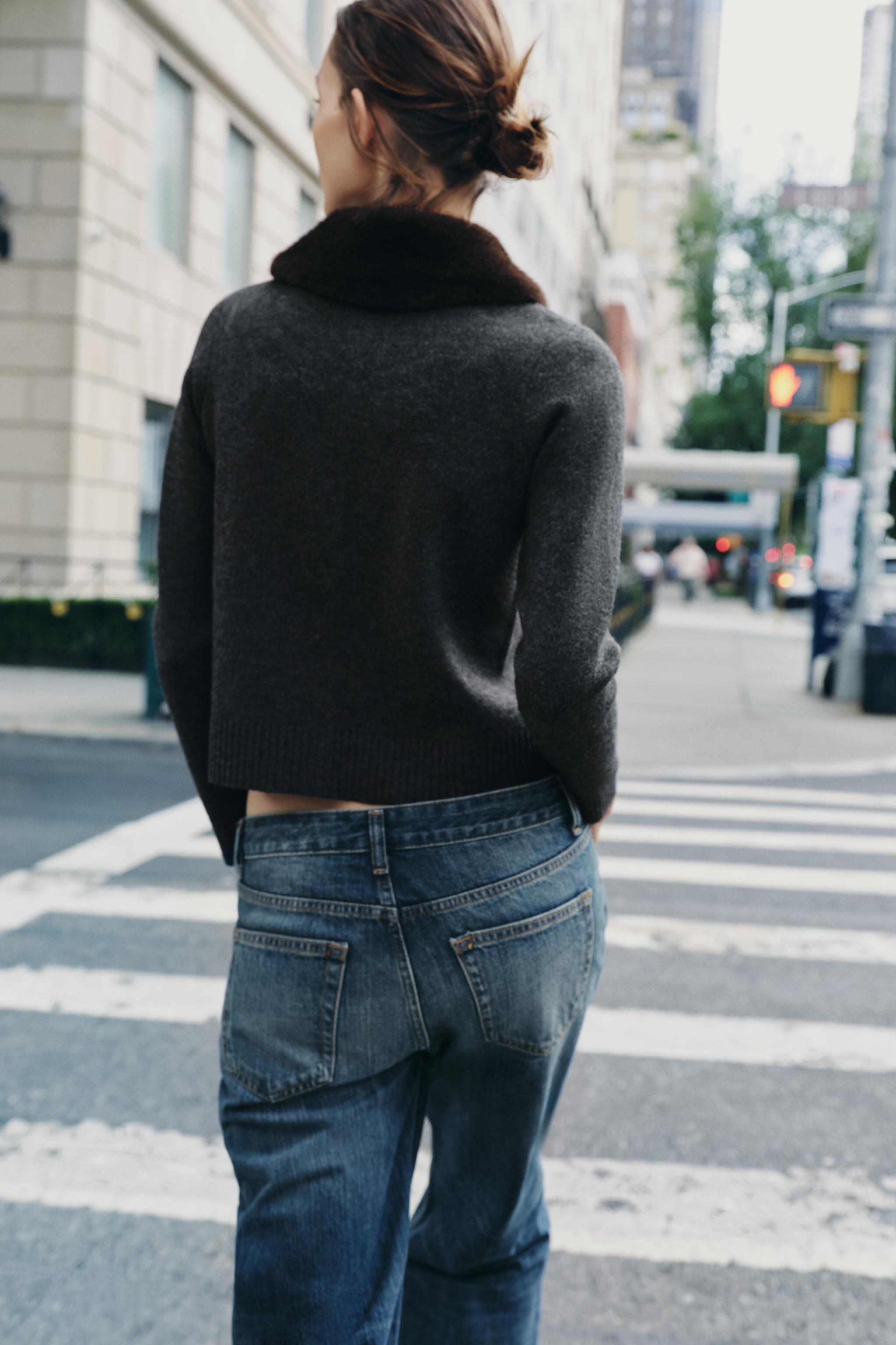 FAUX FUR LAPEL KNIT CARDIGAN