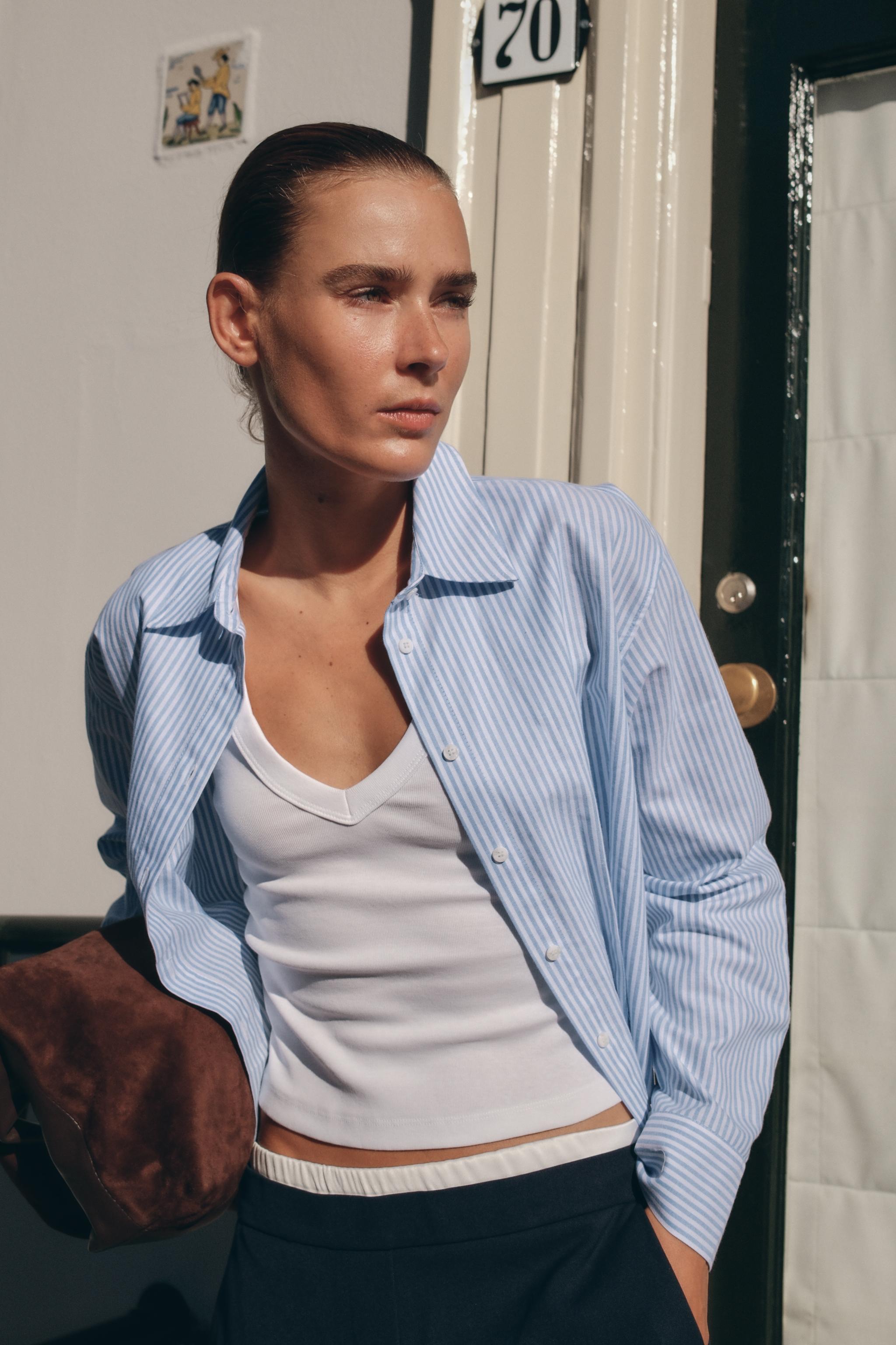 CROPPED STRIPED OXFORD SHIRT WITH WAIST PLEATS