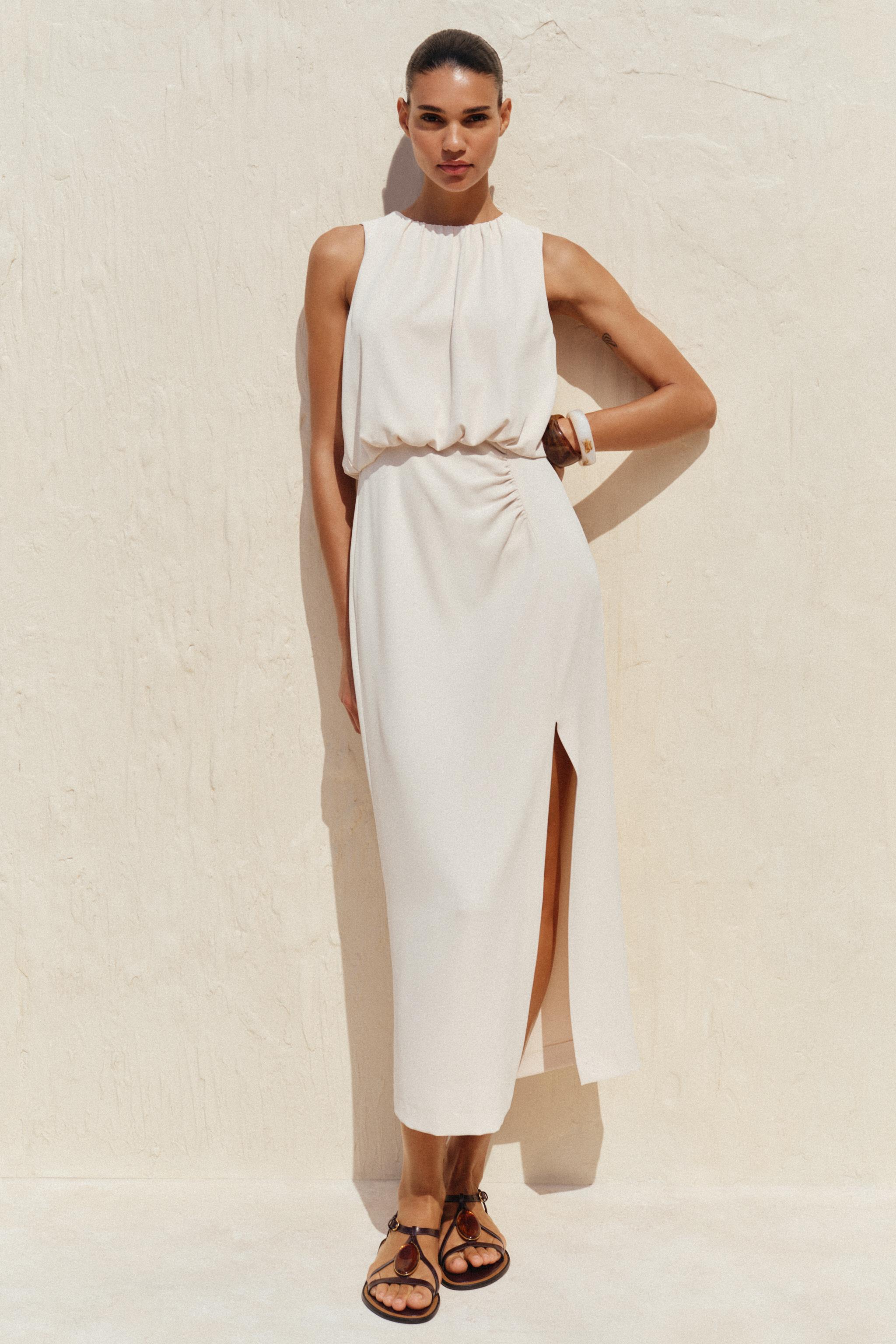 RUCHED WAIST MIDI DRESS