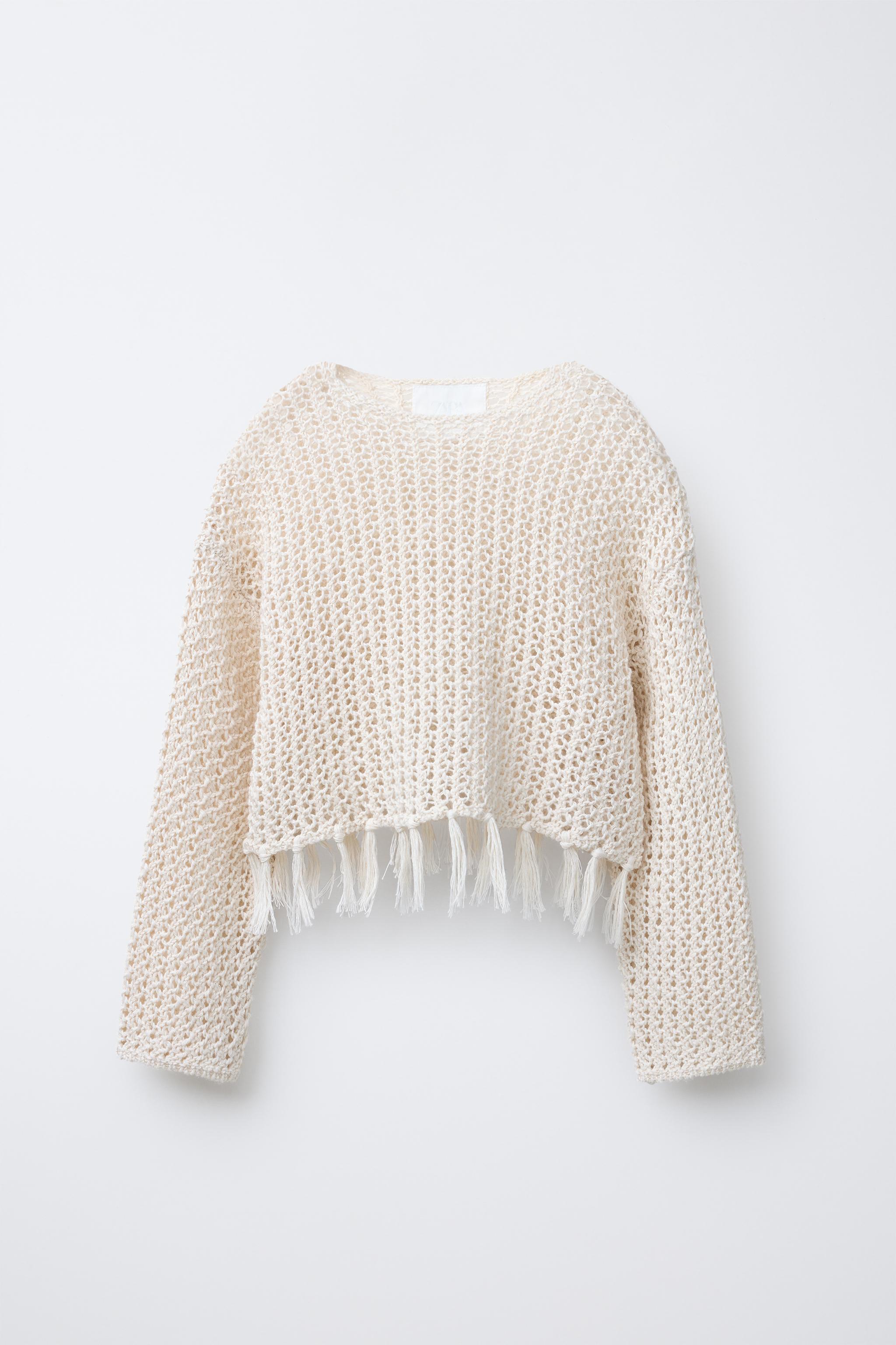 FRINGED MESH KNIT SWEATER