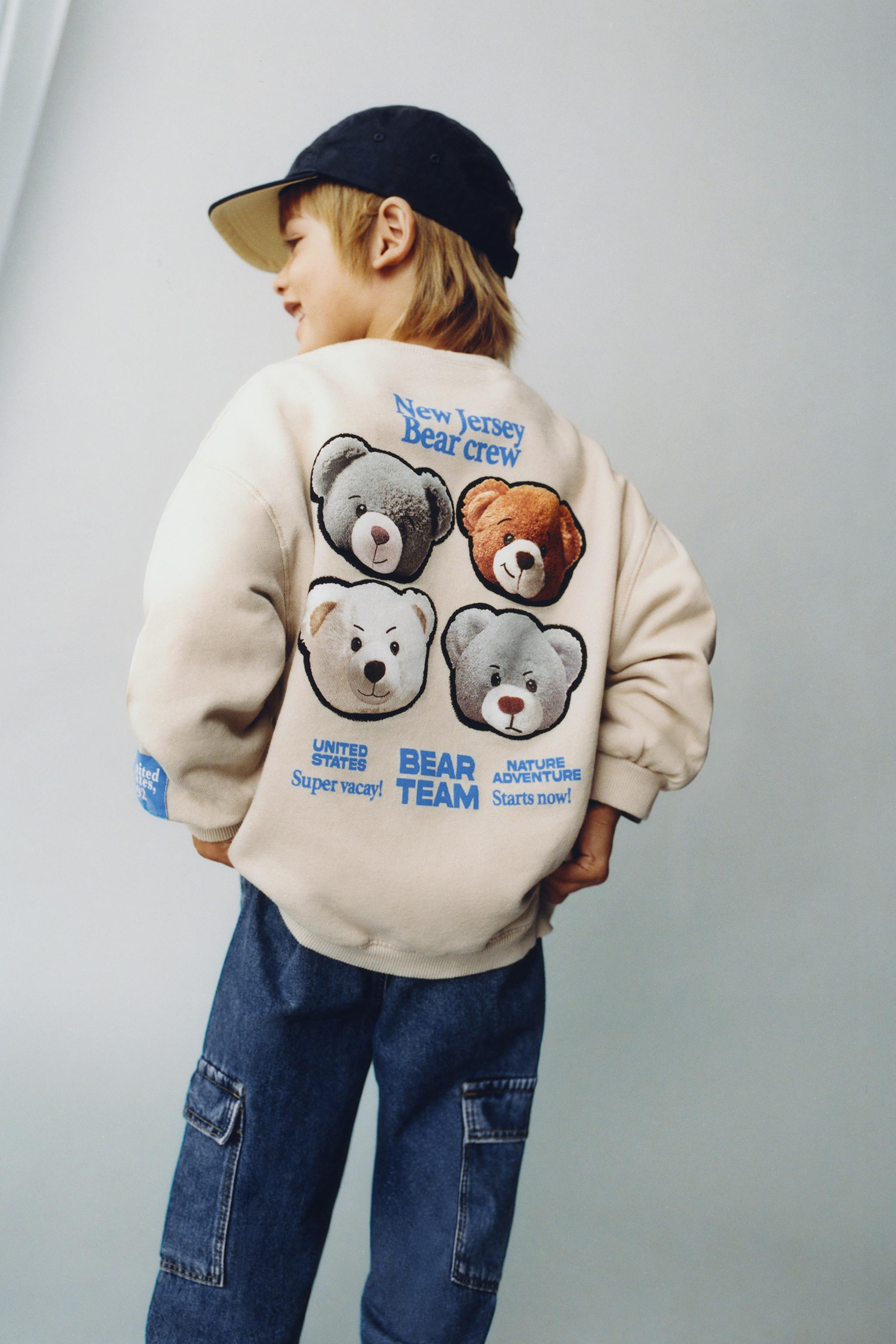 BEAR PRINT AND EMBROIDERED TEXT SWEATSHIRT