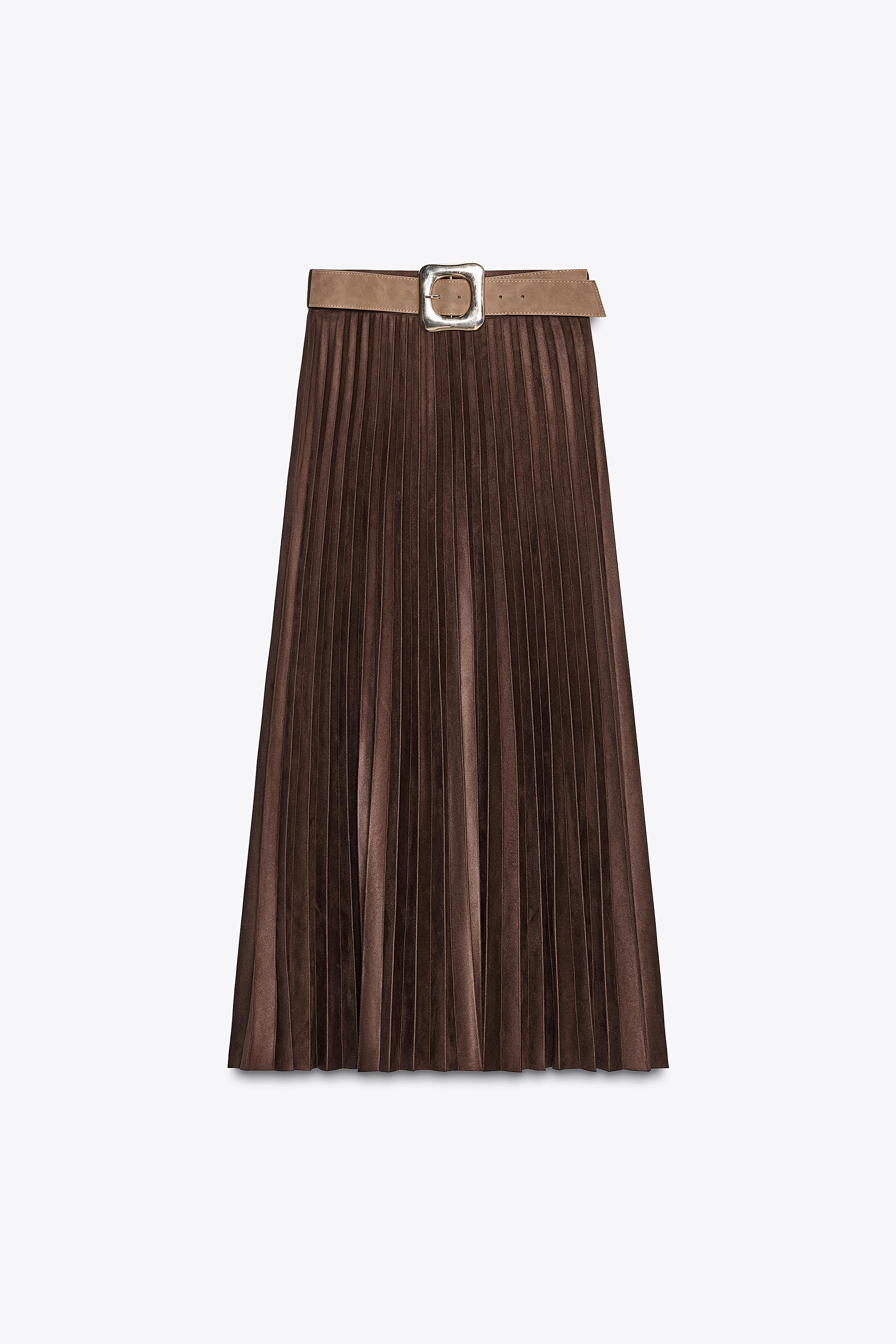 BELTED FAUX SUEDE EFFECT PLEATED MIDI SKIRT