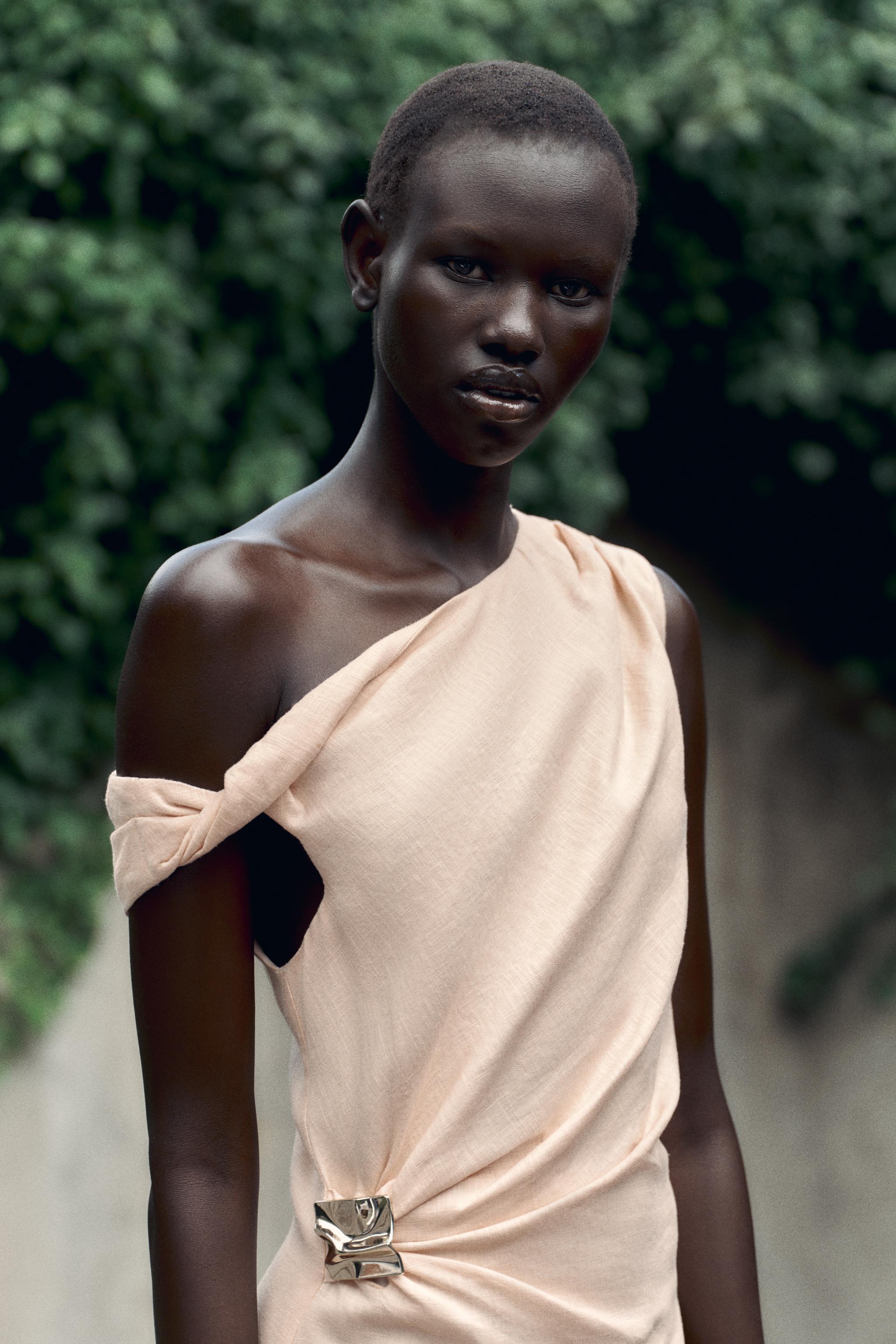 ASYMMETRIC LINEN-BLEND MIDI DRESS WITH APPLIQUÉ