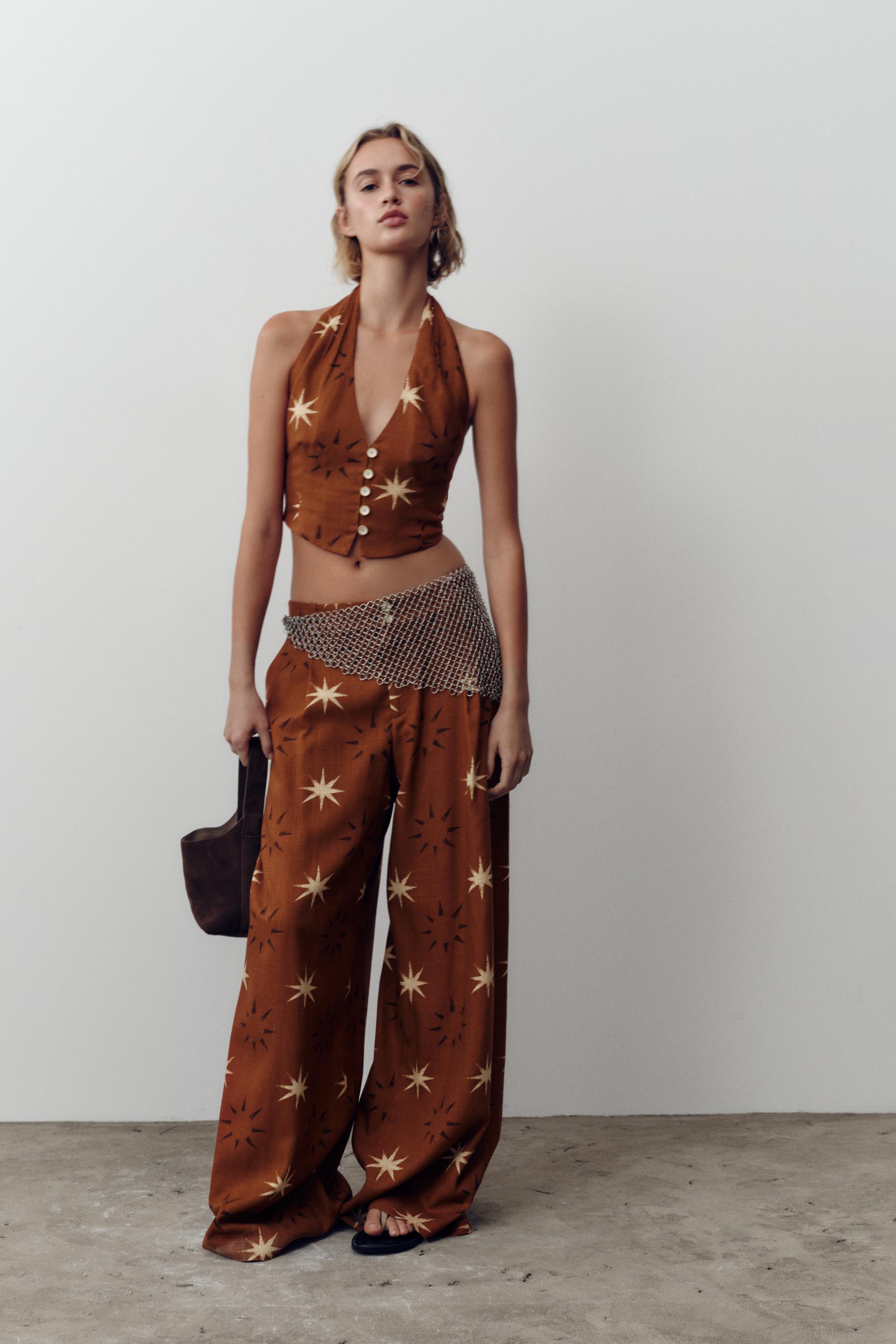 SUN PRINT LINEN WIDE LEG PANTS