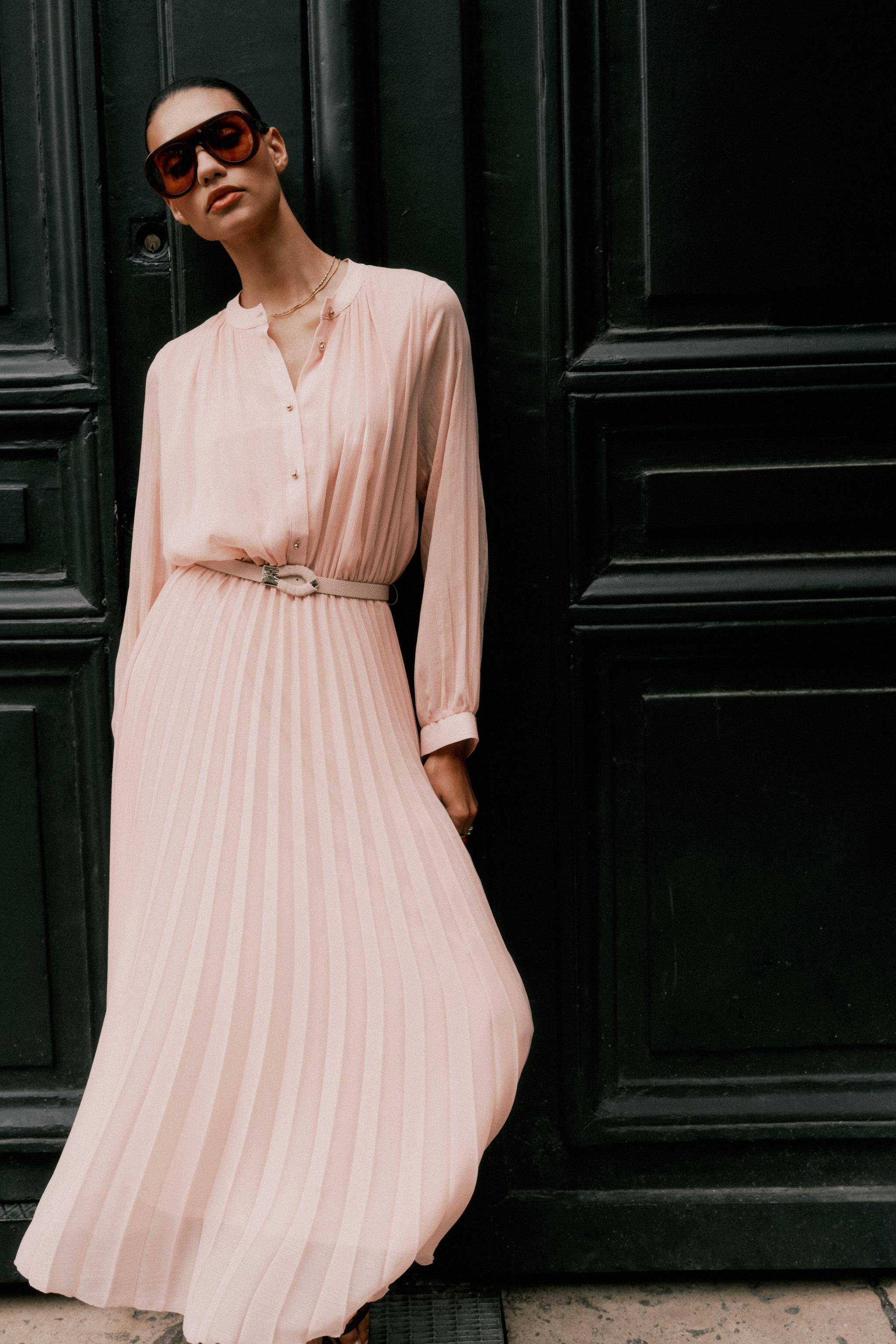 BELTED PLEATED MIDI DRESS
