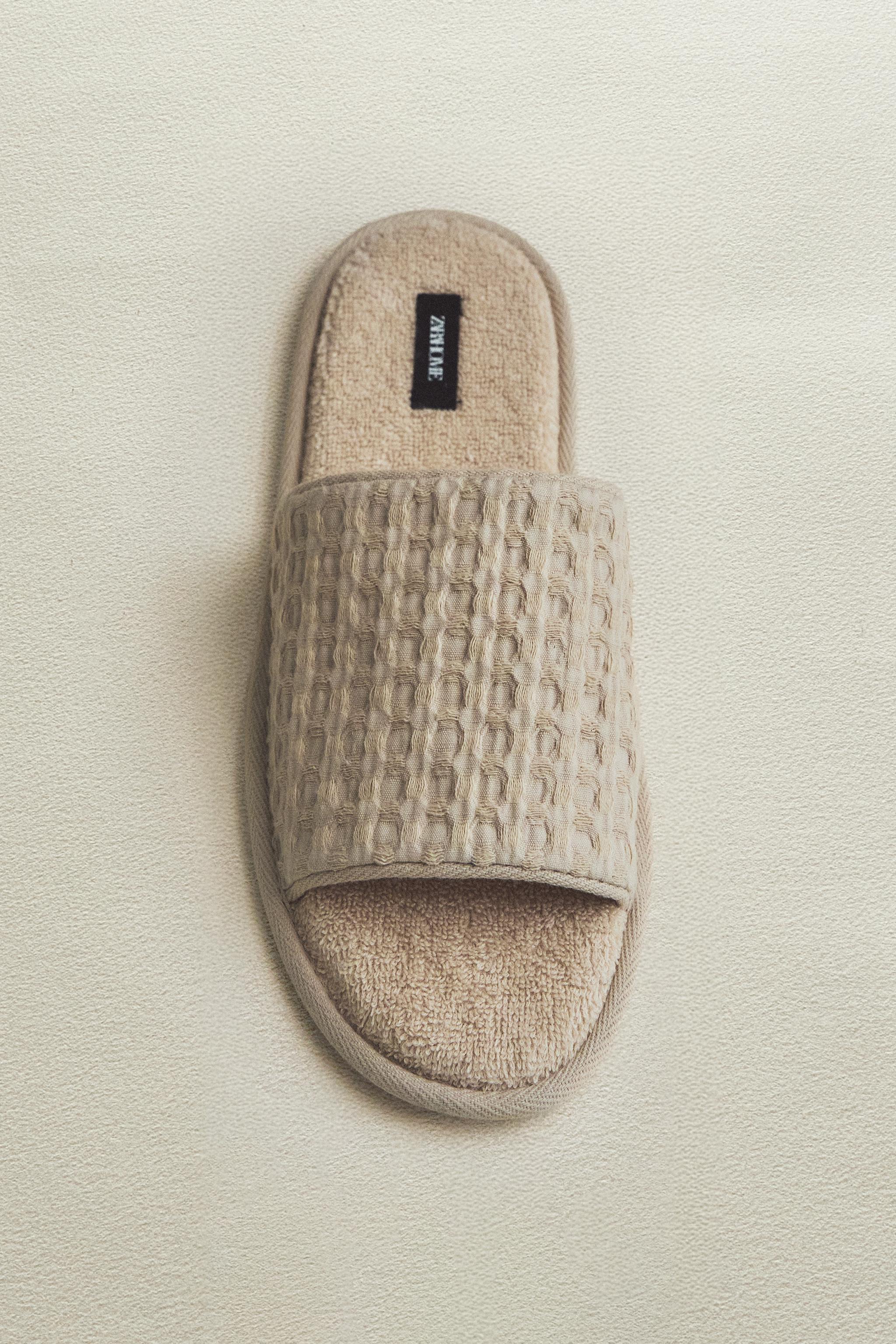 WAFFLE-KNIT TERRYCLOTH SLIDER SLIPPERS