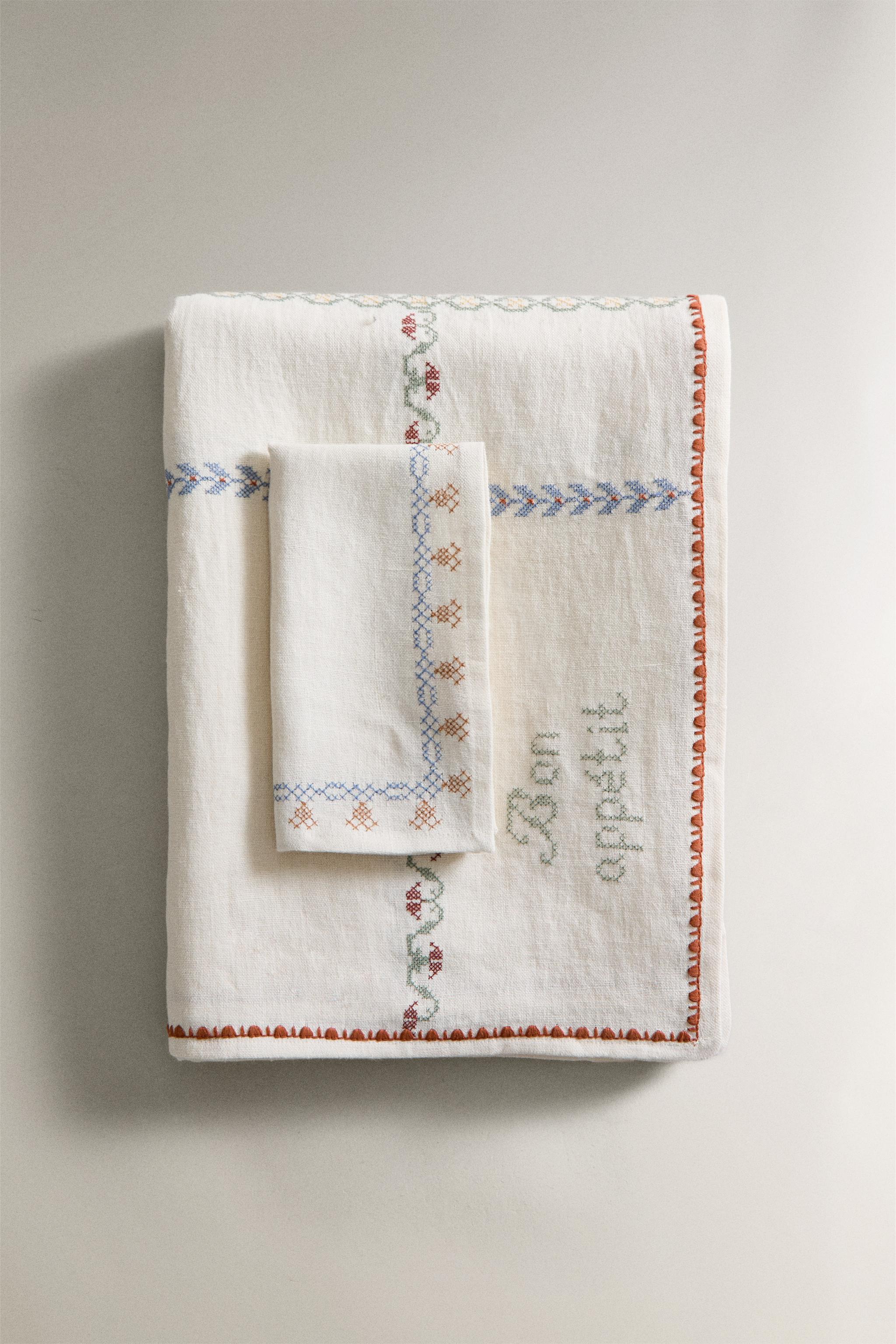 CROSS STITCH LINEN TABLECLOTH