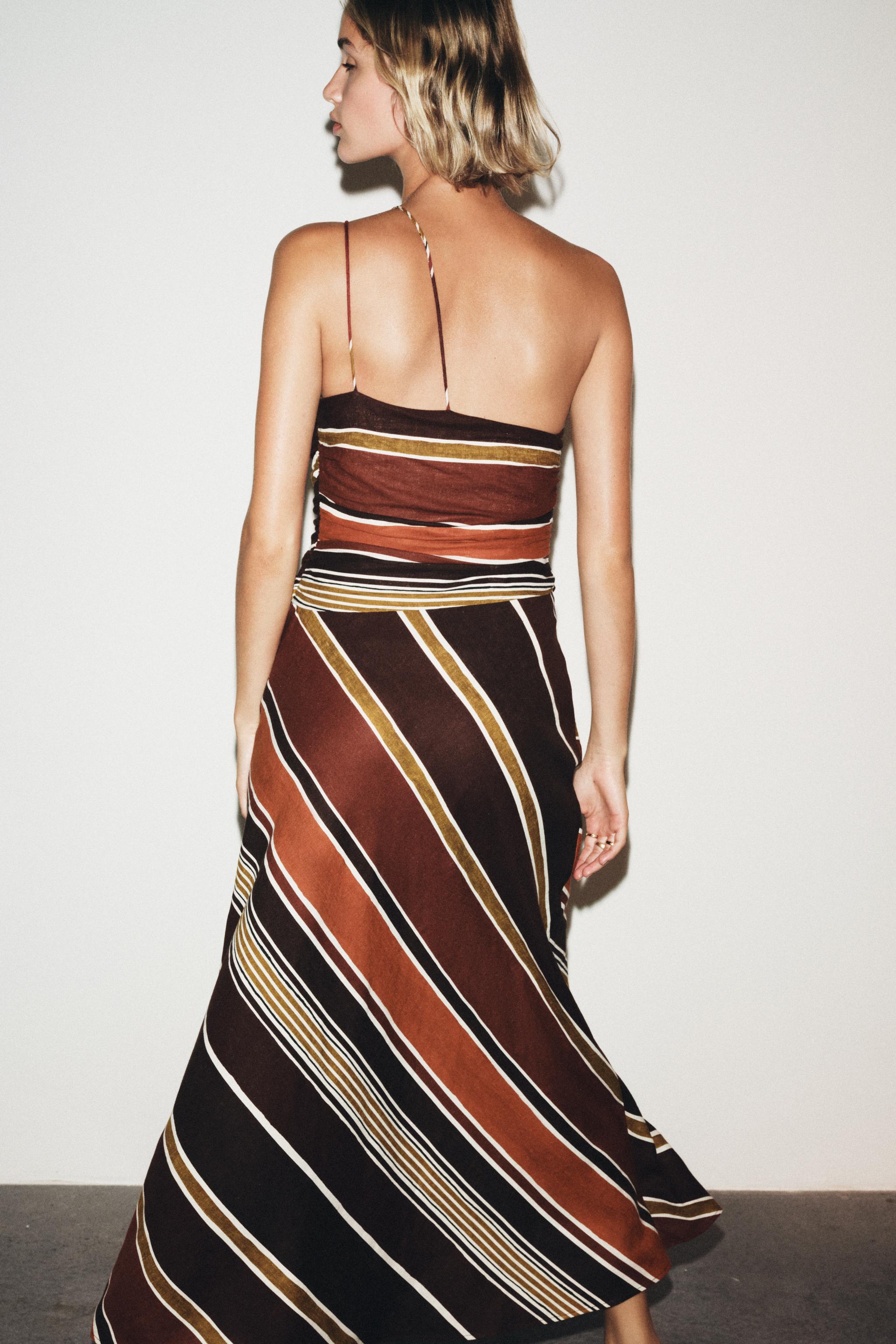 STRIPED ASYMMETRIC MIDI DRESS