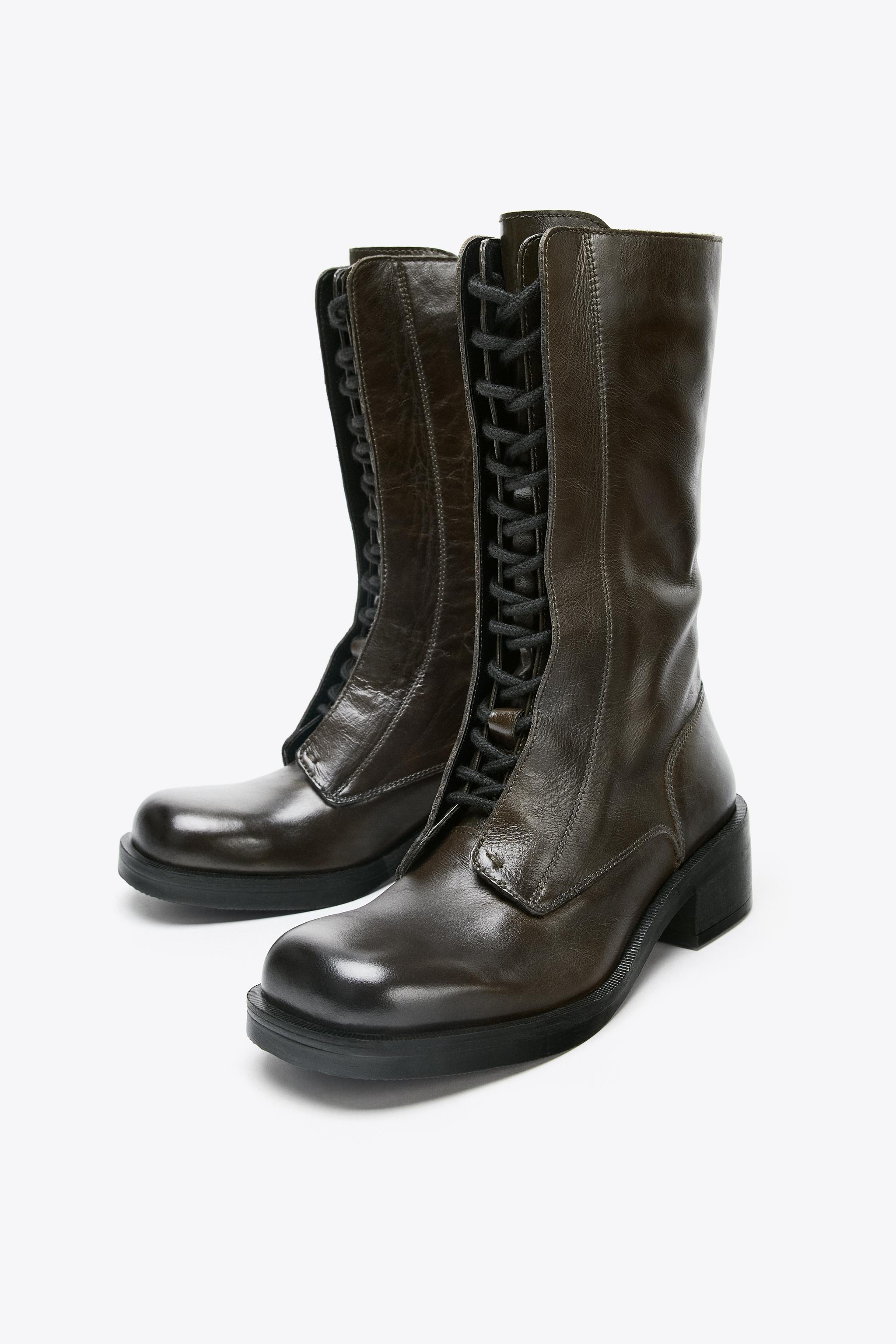 LACED LEATHER ANKLE BOOTS