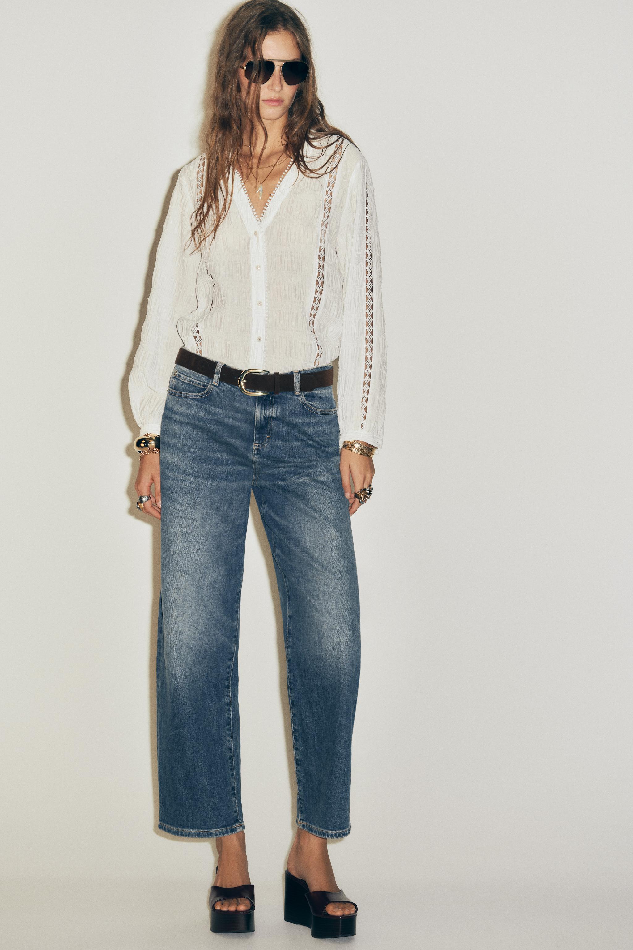 DOTTED MESH LACE TRIM BLOUSE