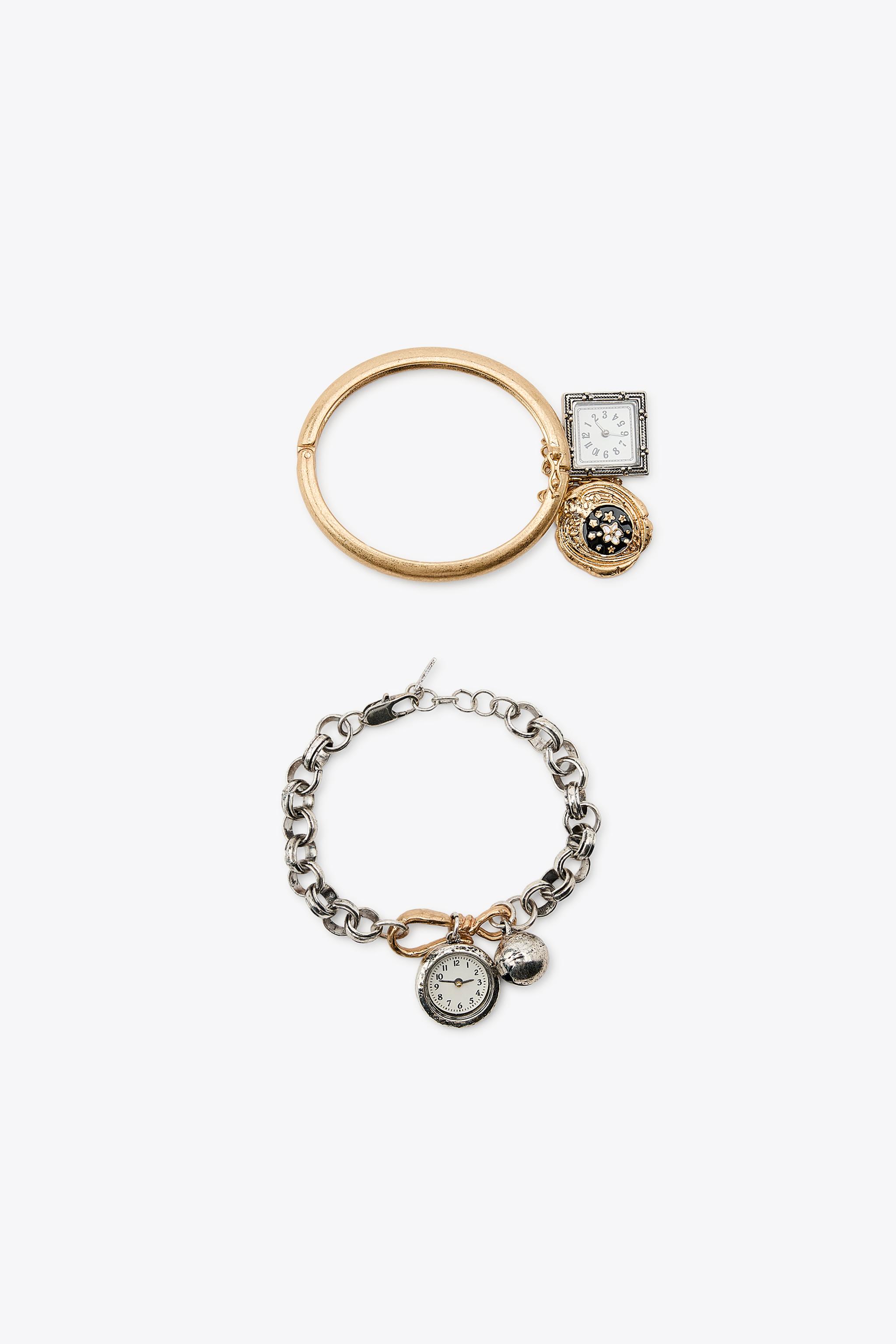 PACK OF 2 COMBINATION BRACELETS WITH CLOCK AND BELL CHARMS