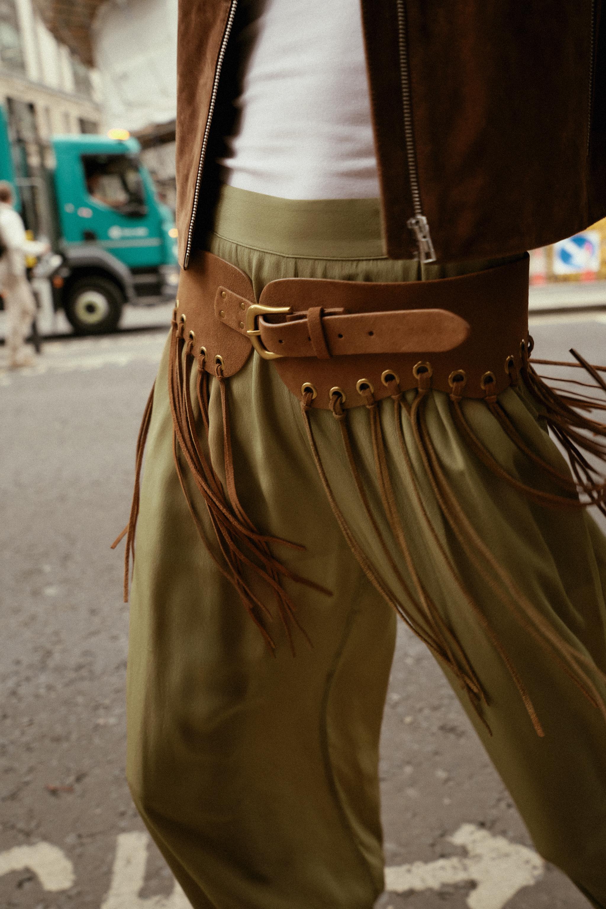 LEATHER FRINGED OBI BELT