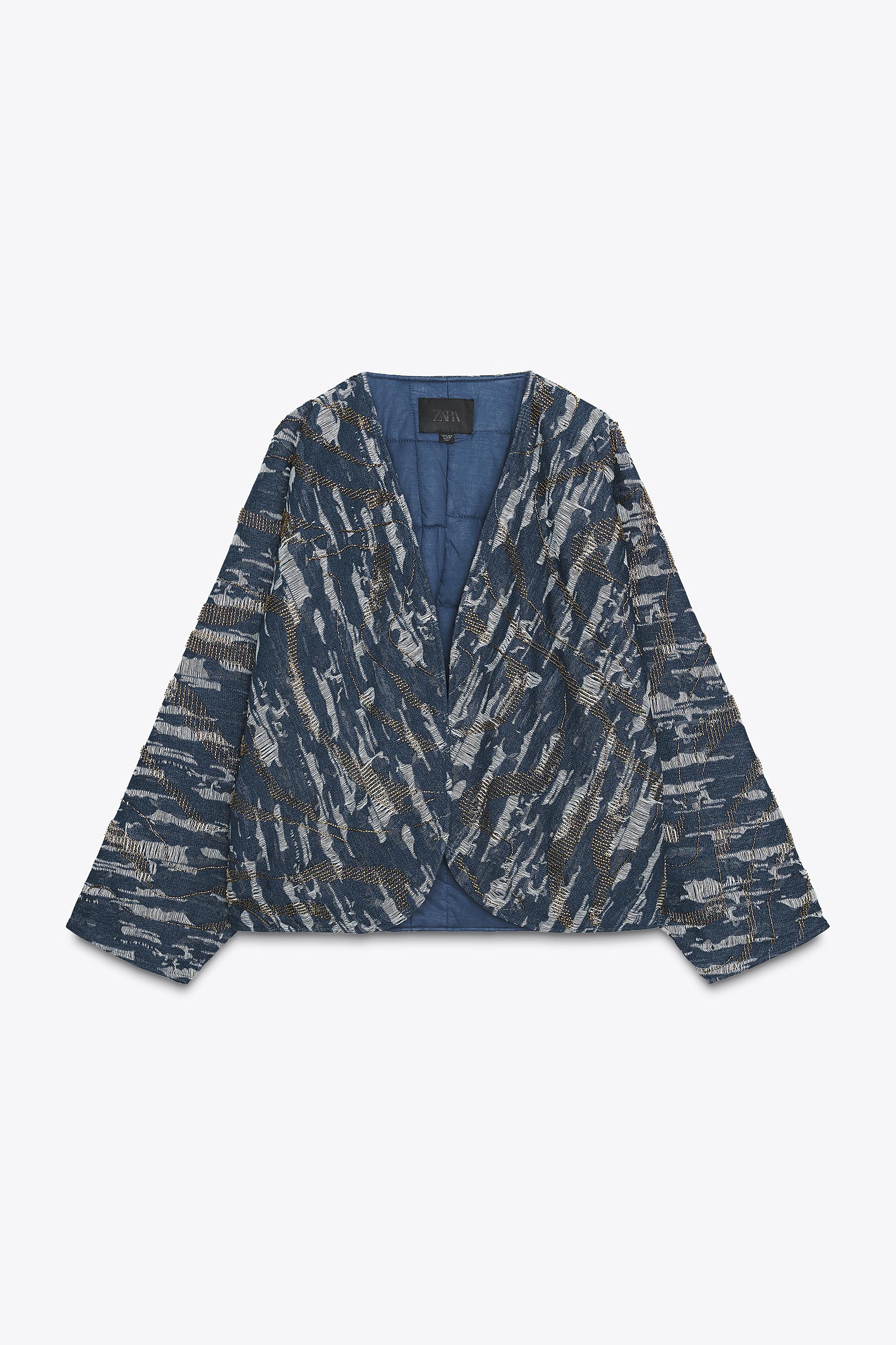 BEADED DENIM EFFECT PADDED KIMONO