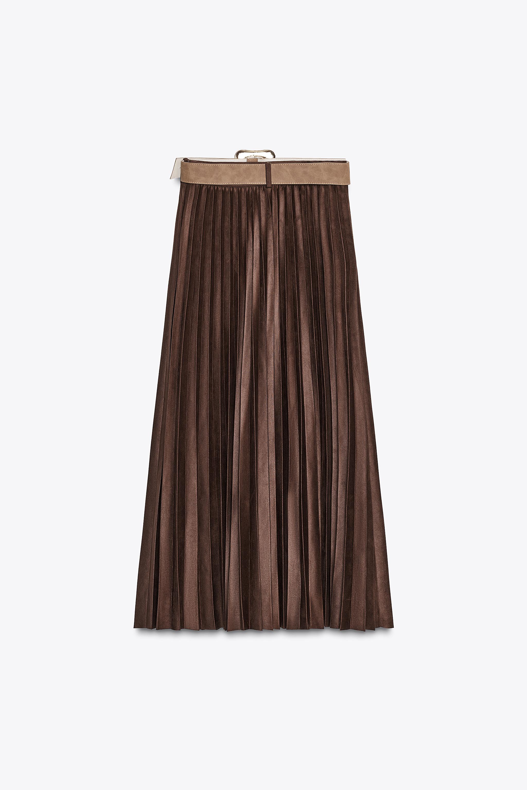 BELTED FAUX SUEDE EFFECT PLEATED MIDI SKIRT