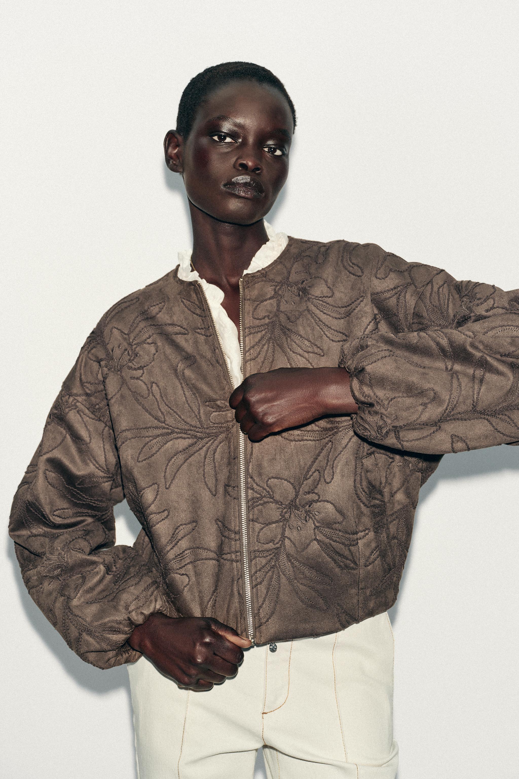 EMBROIDERED FAUX SUEDE BOMBER JACKET