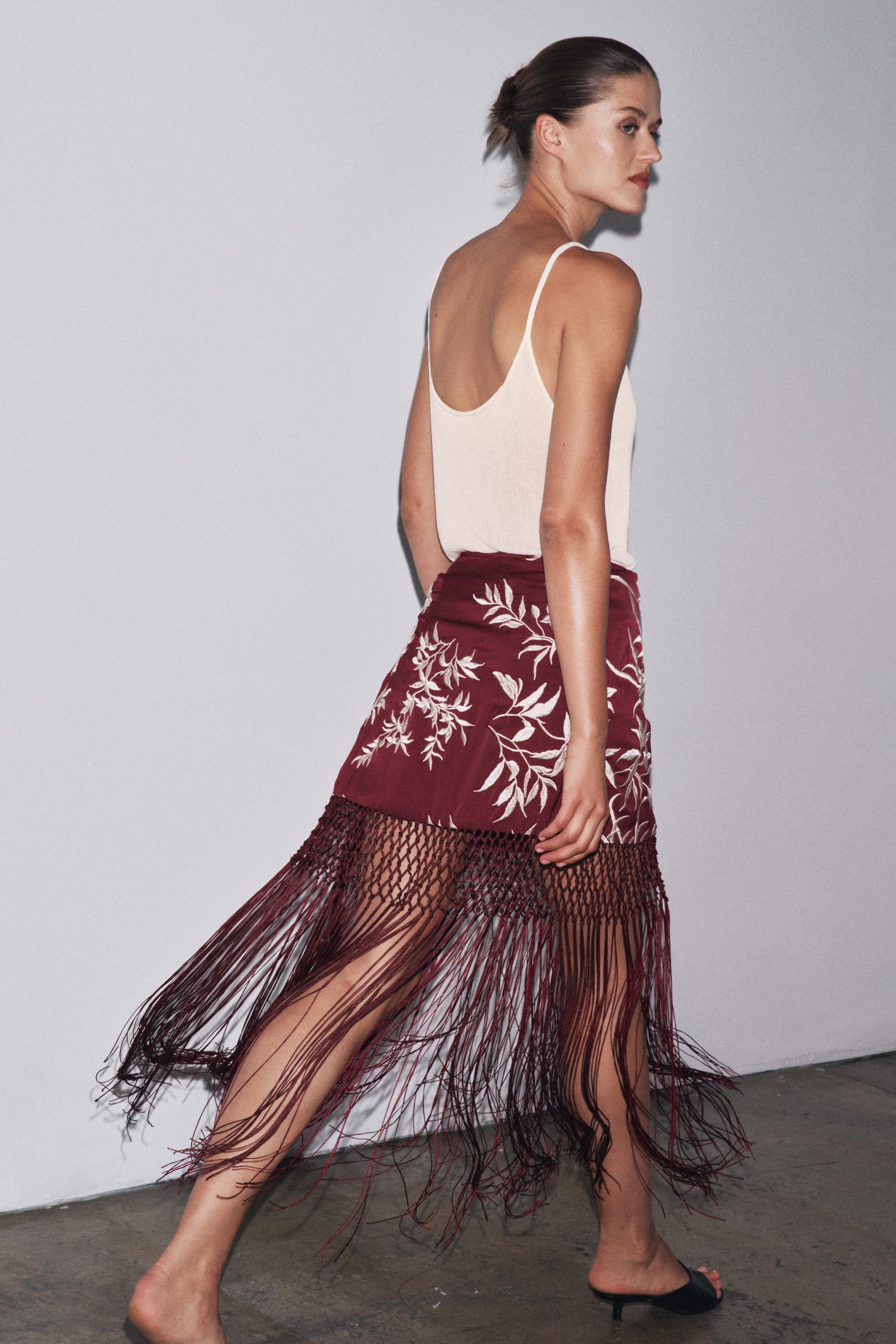 EMBROIDERED FRINGED WRAP SKIRT
