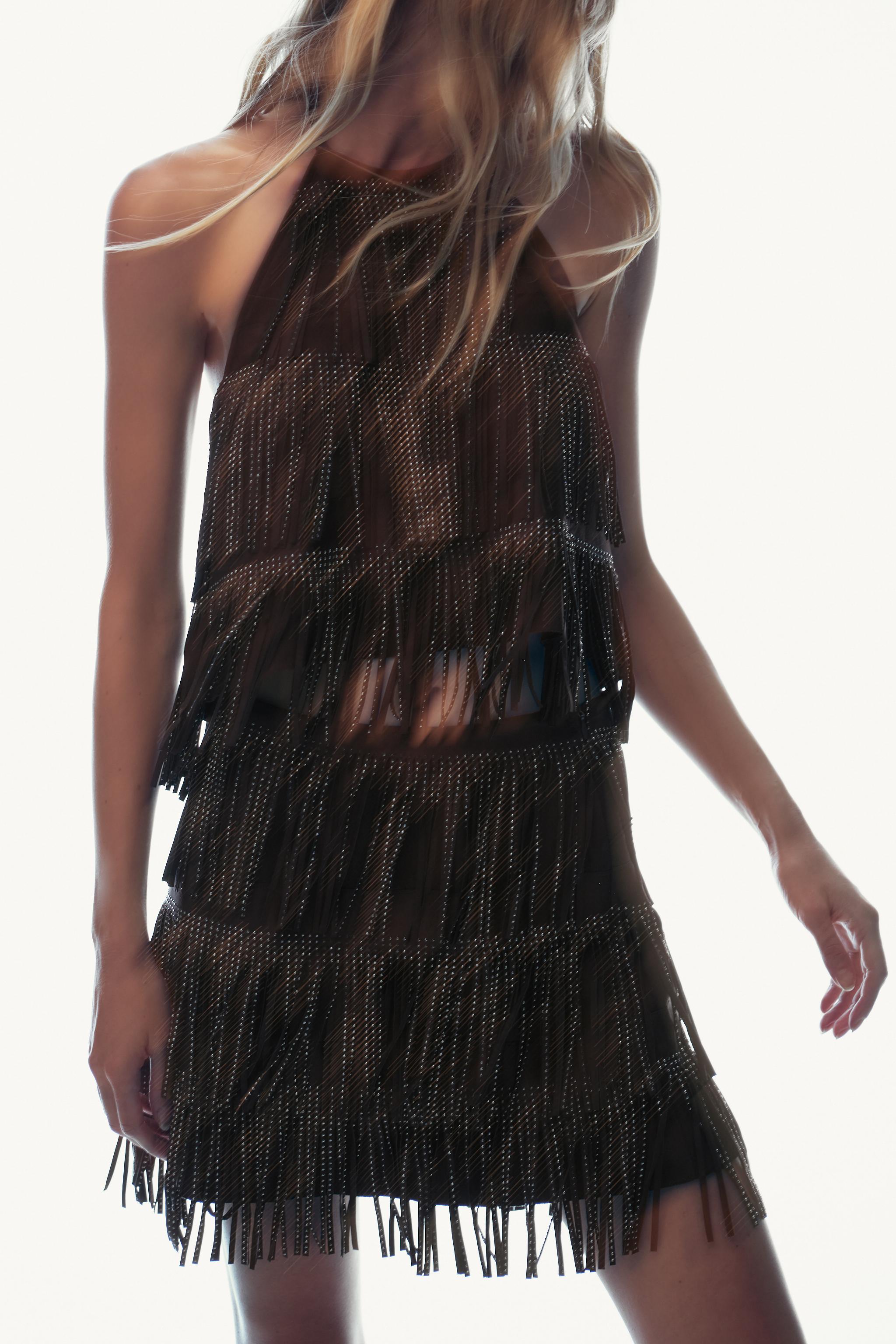 SHIMMERING FAUX SUEDE FRINGE SKIRT