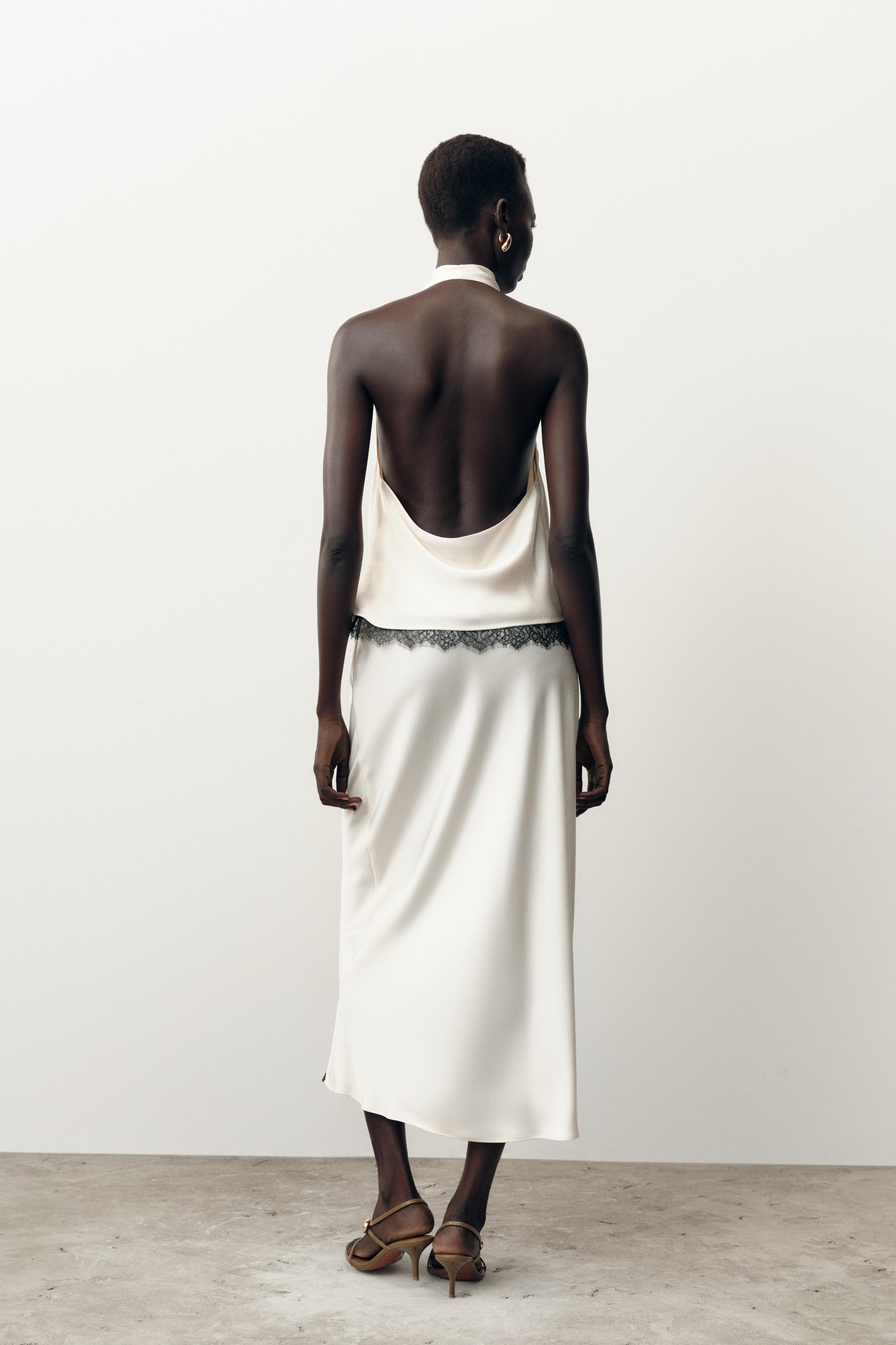 SATIN EFFECT LACE MIDI SKIRT