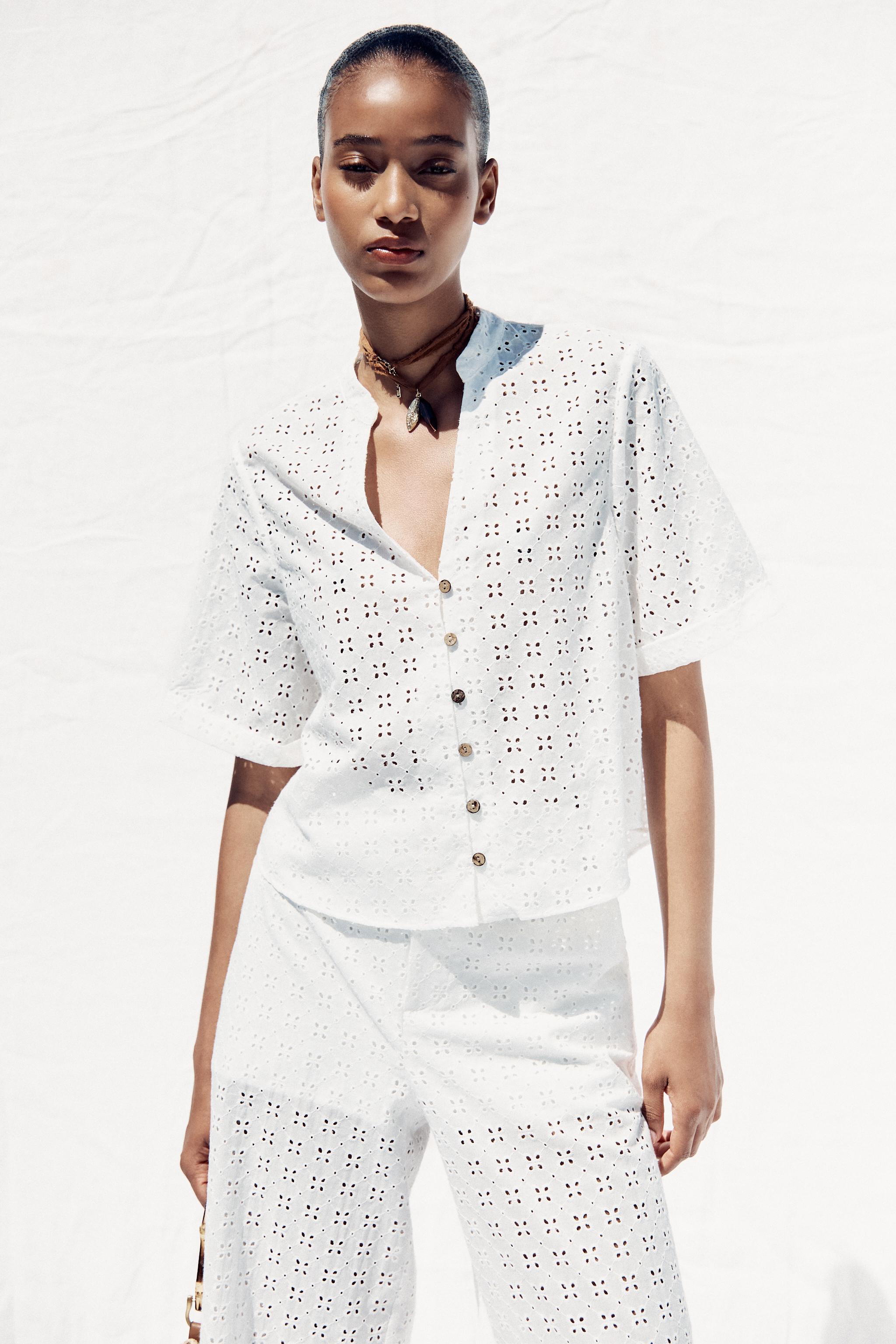 SHORT SLEEVE EYELET EMBROIDERED SHIRT