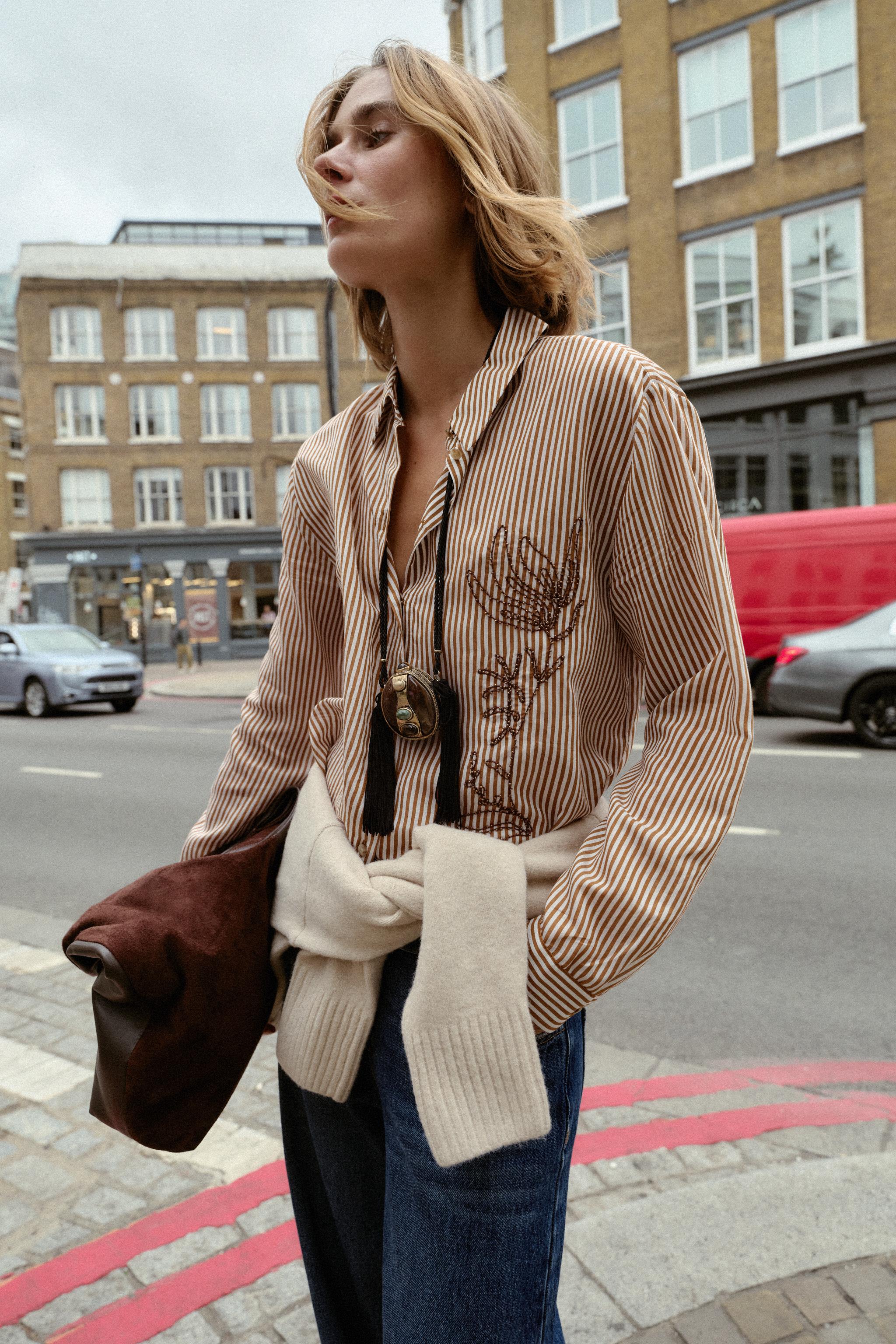 STRIPED EMBROIDERED BEADED SHIRT