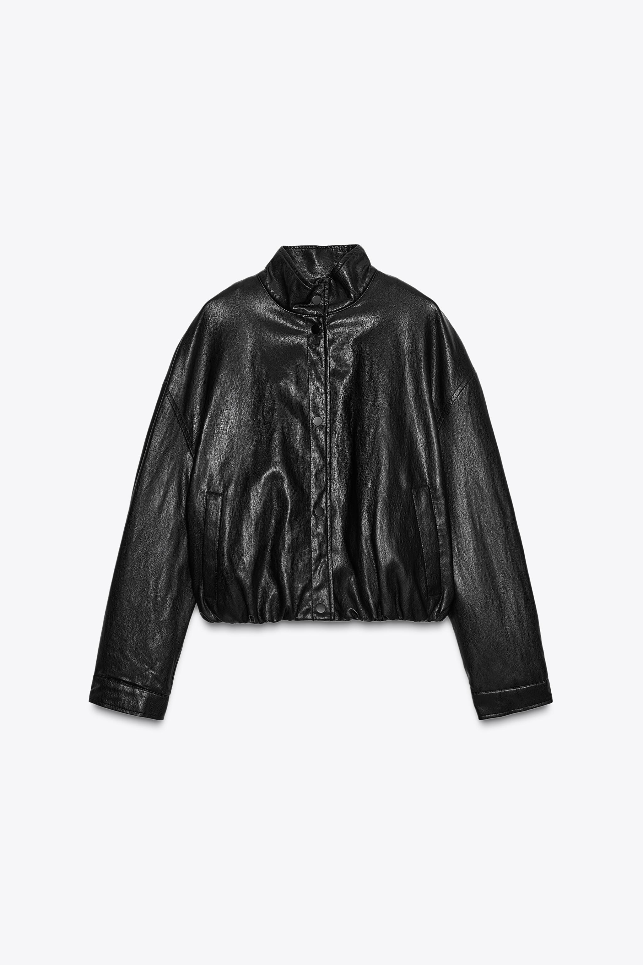 HIGH COLLAR FAUX LEATHER BOMBER JACKET