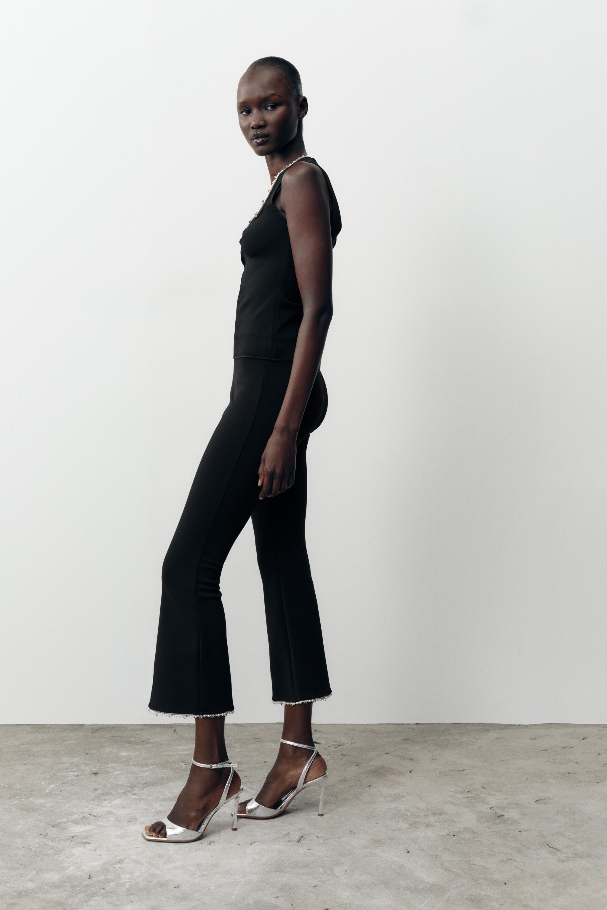 PEARL EMBELLISHED STRETCH FLARE PANTS