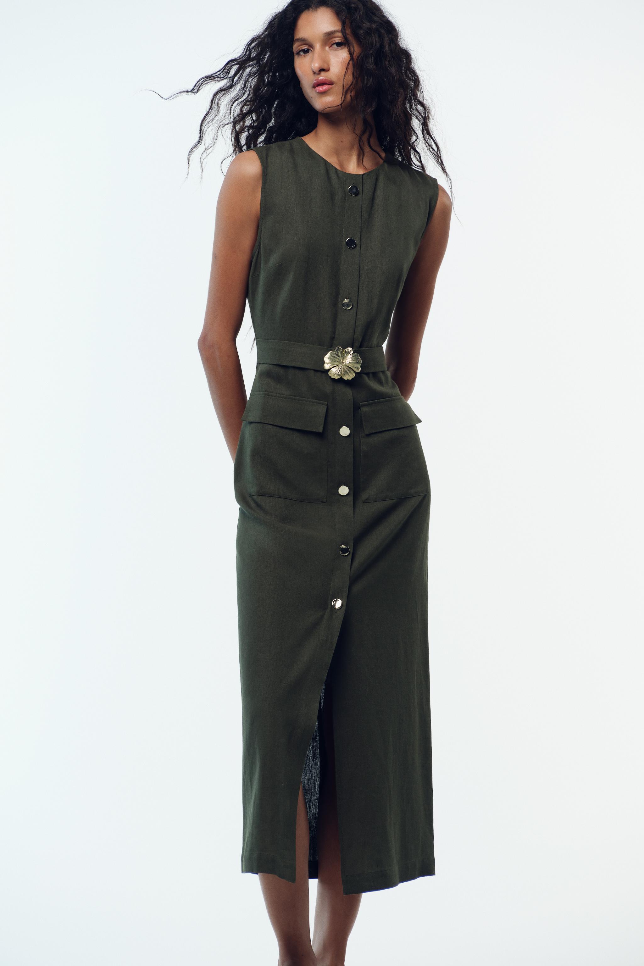 LINEN BELTED MIDI DRESS