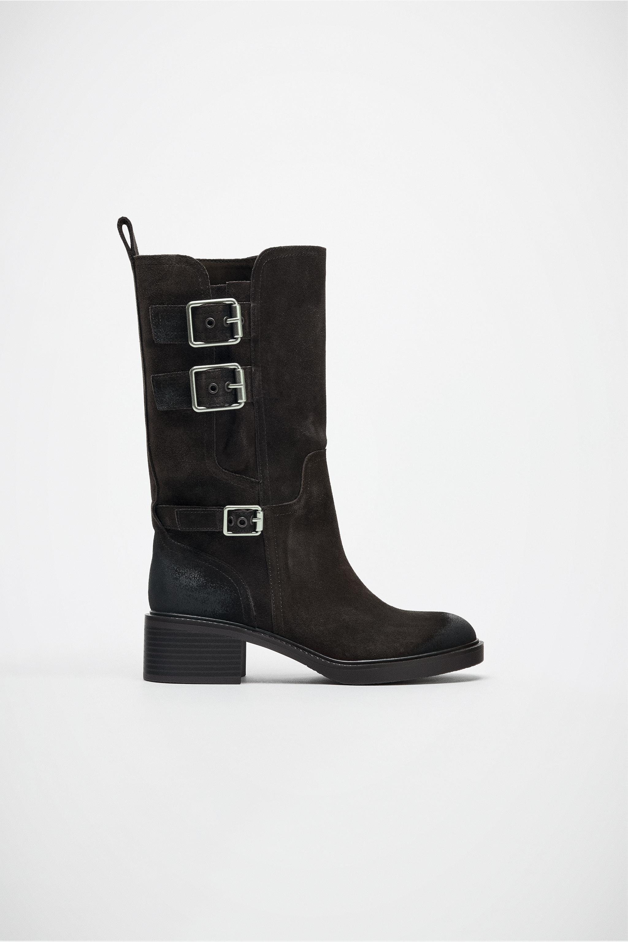 BUCKLED SPLIT LEATHER ANKLE BOOTS