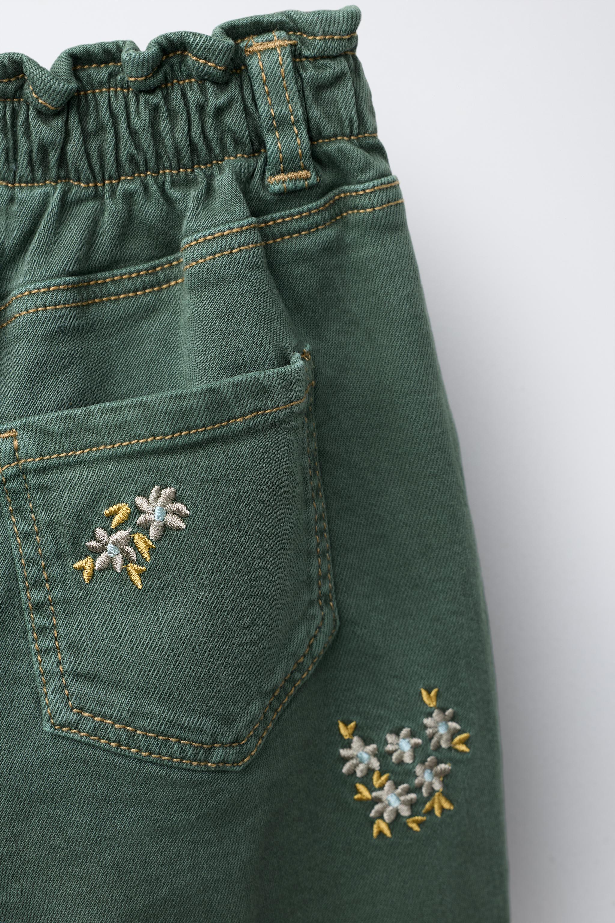 EMBROIDERED FLORAL TWILL BAGGY PANTS