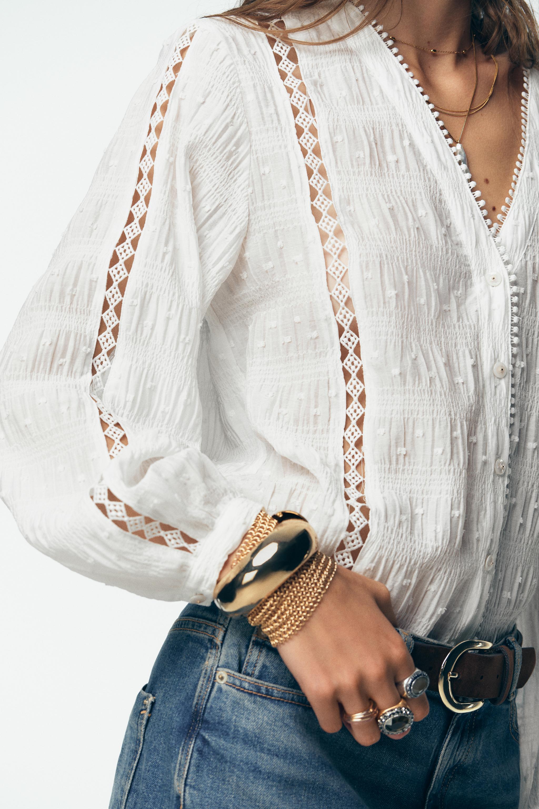 DOTTED MESH LACE TRIM BLOUSE