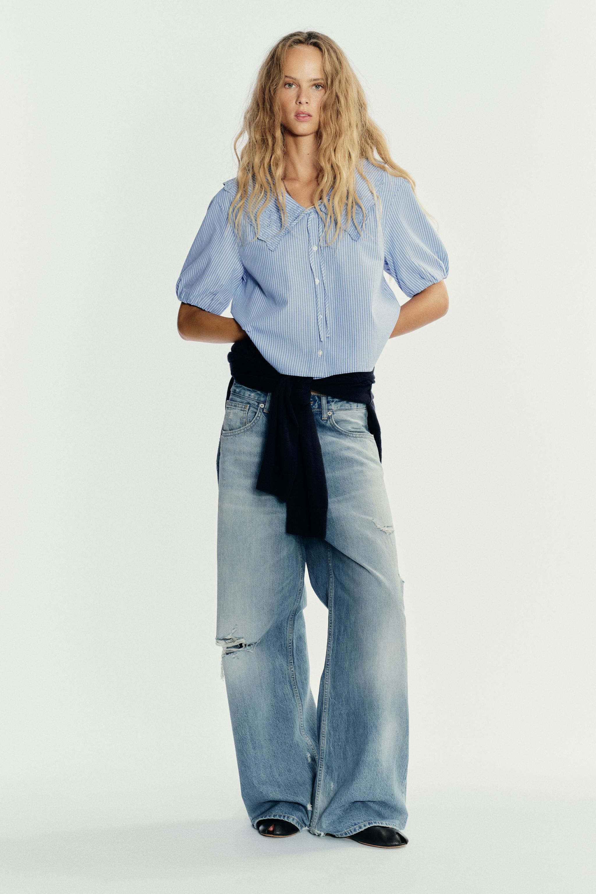 EMBROIDERED STRIPED PETER PAN COLLAR SHIRT