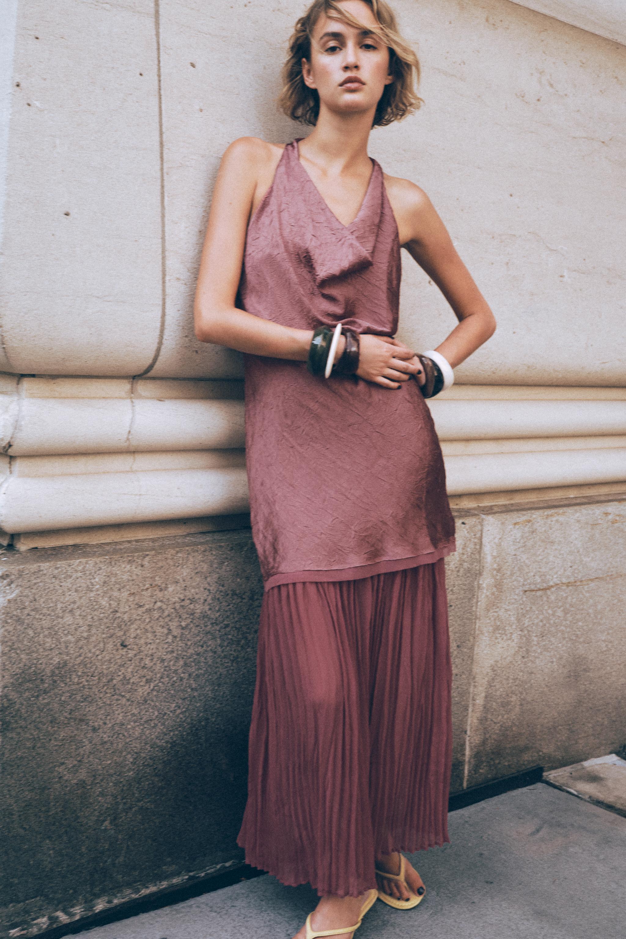PLEATED COMBINATION MIDI DRESS